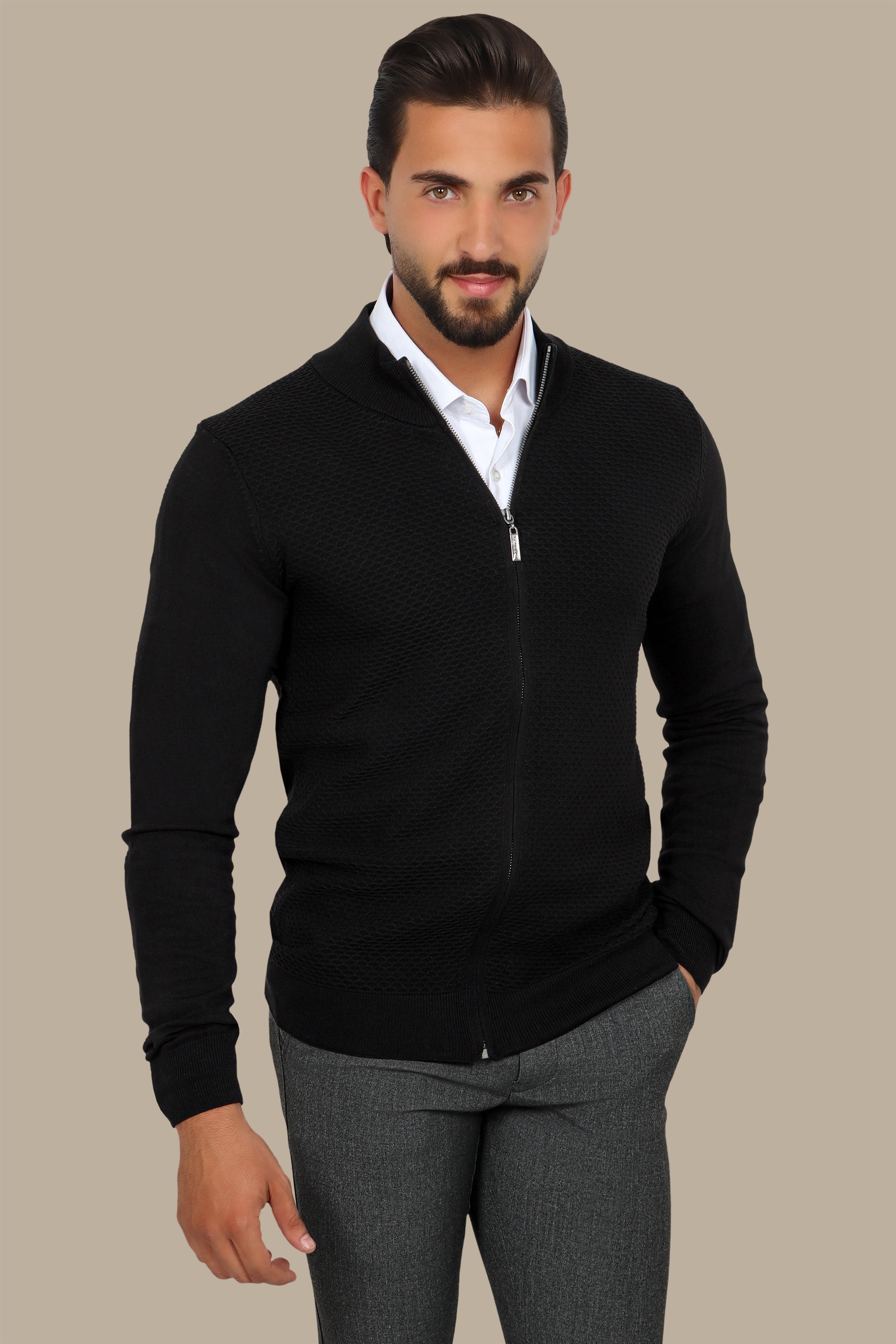 Black Full-Zip Cardigan with Honey Print