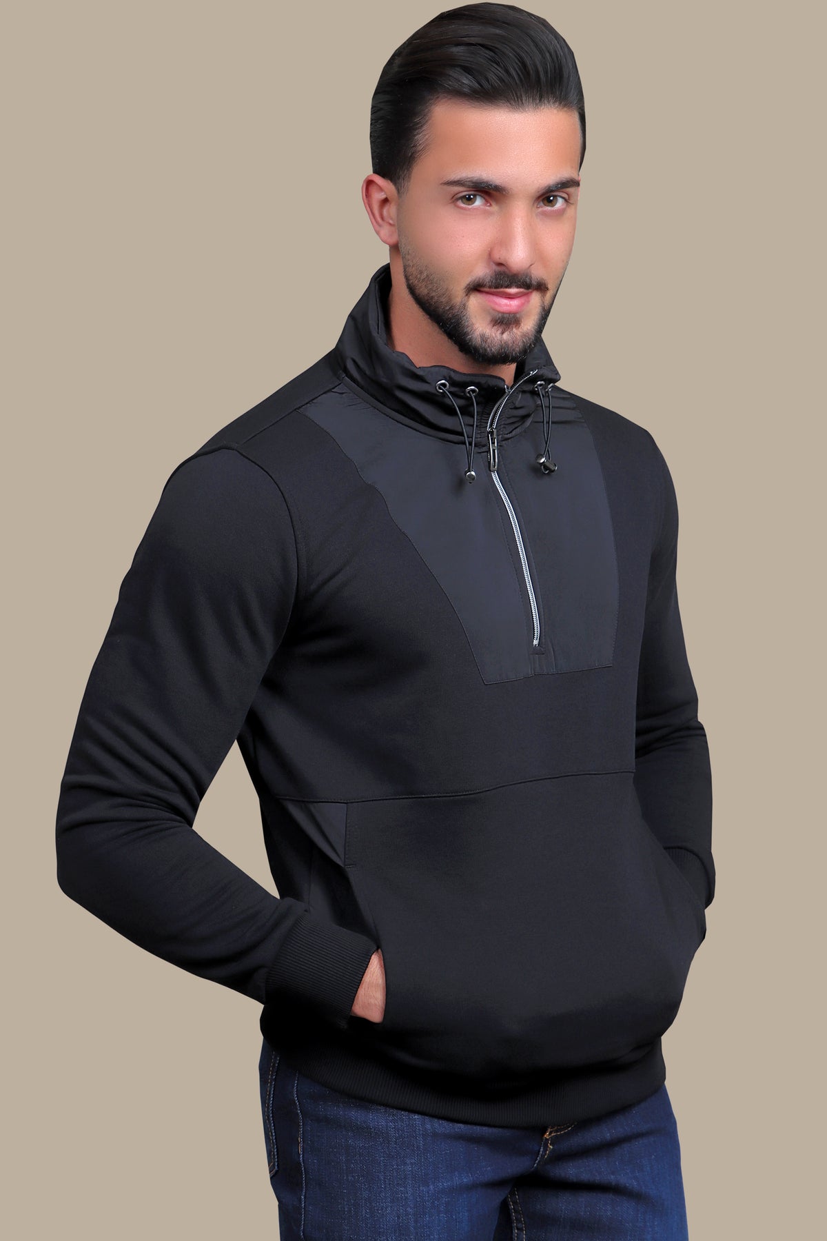 Modern Edge: Half-Zipper Sweatshirt with Mixed Fabric