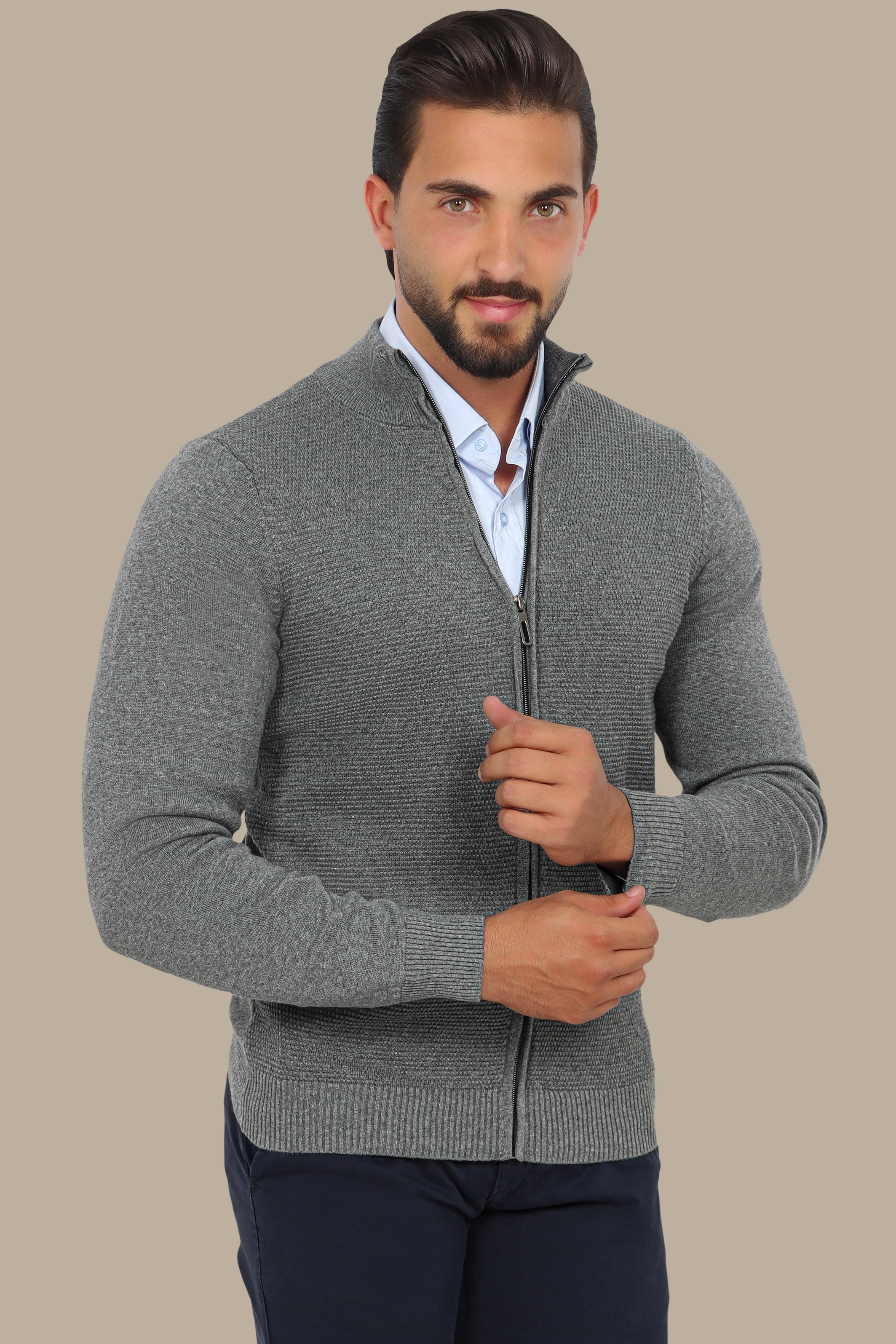 Grey Full-Zip Cardigan with Bee Print