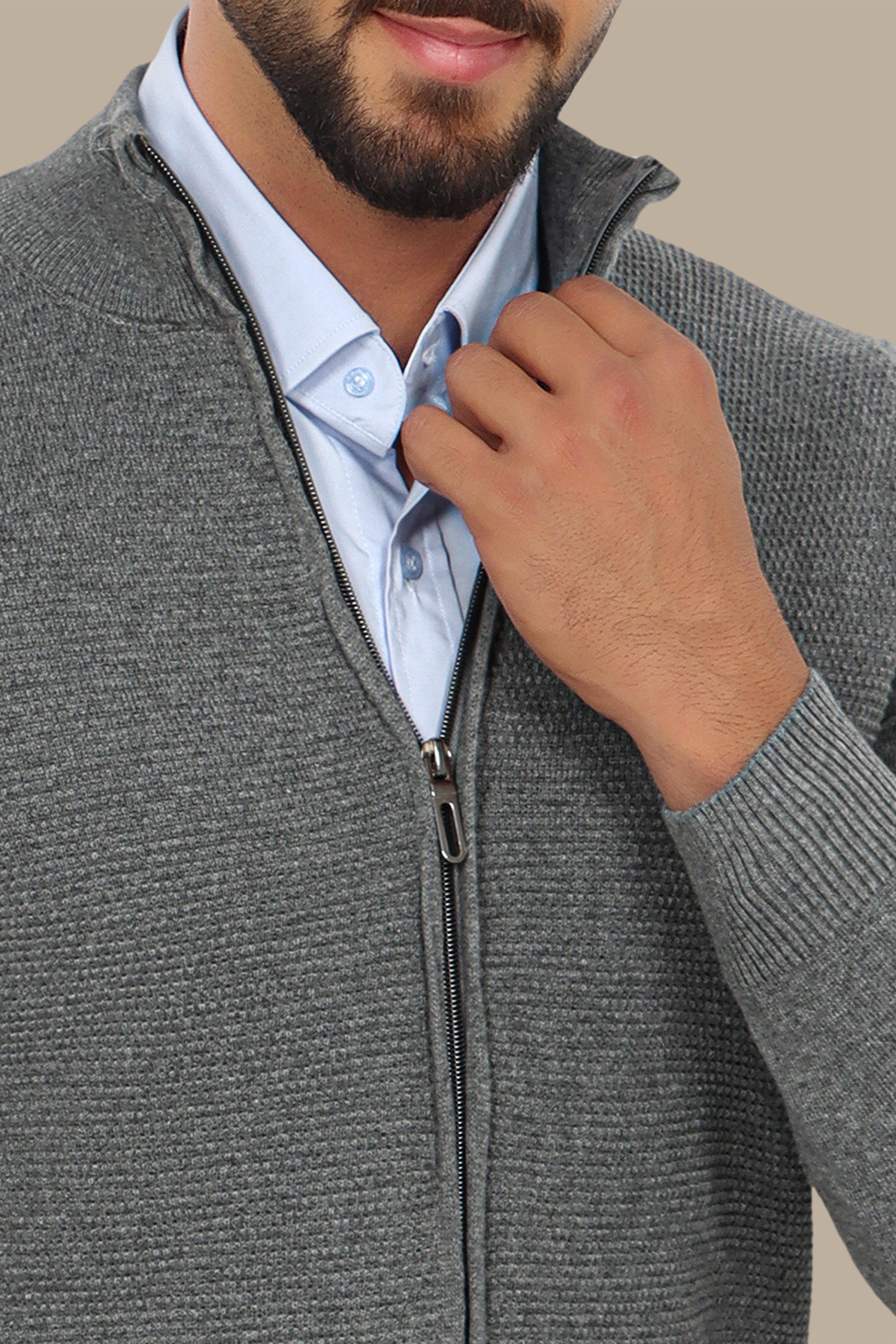 Grey Full-Zip Cardigan with Bee Print