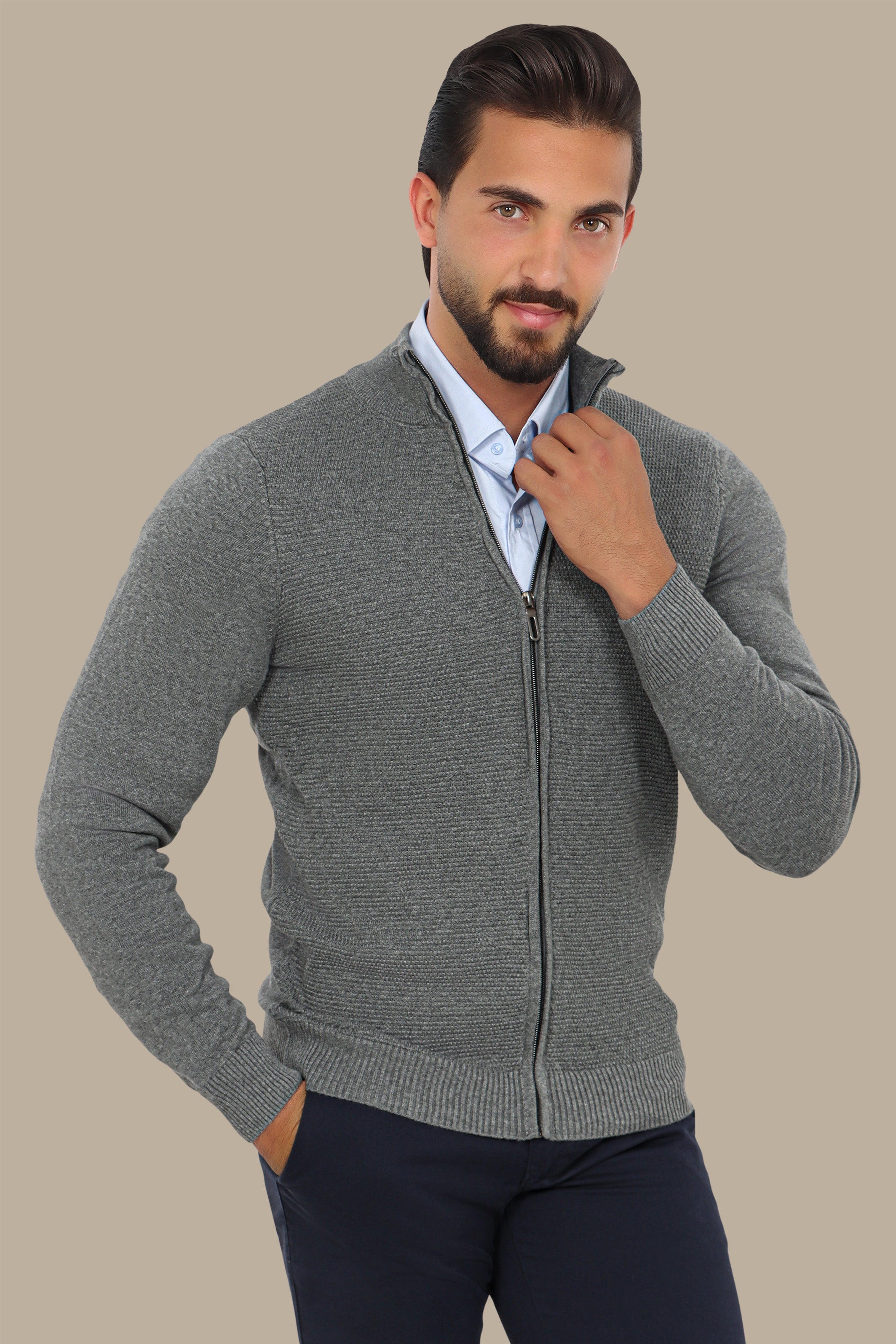 Grey Full-Zip Cardigan with Bee Print