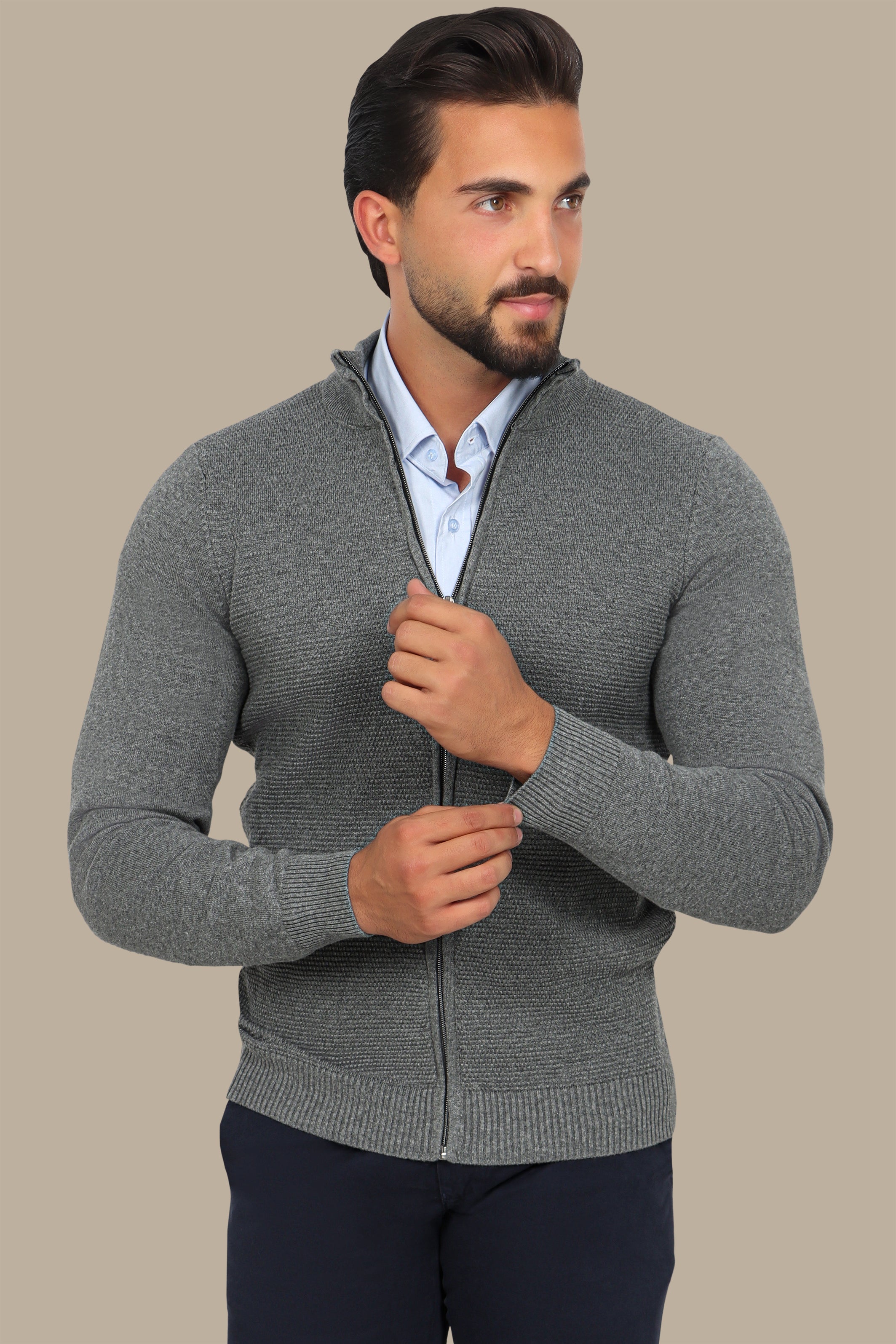 Grey Full-Zip Cardigan with Bee Print