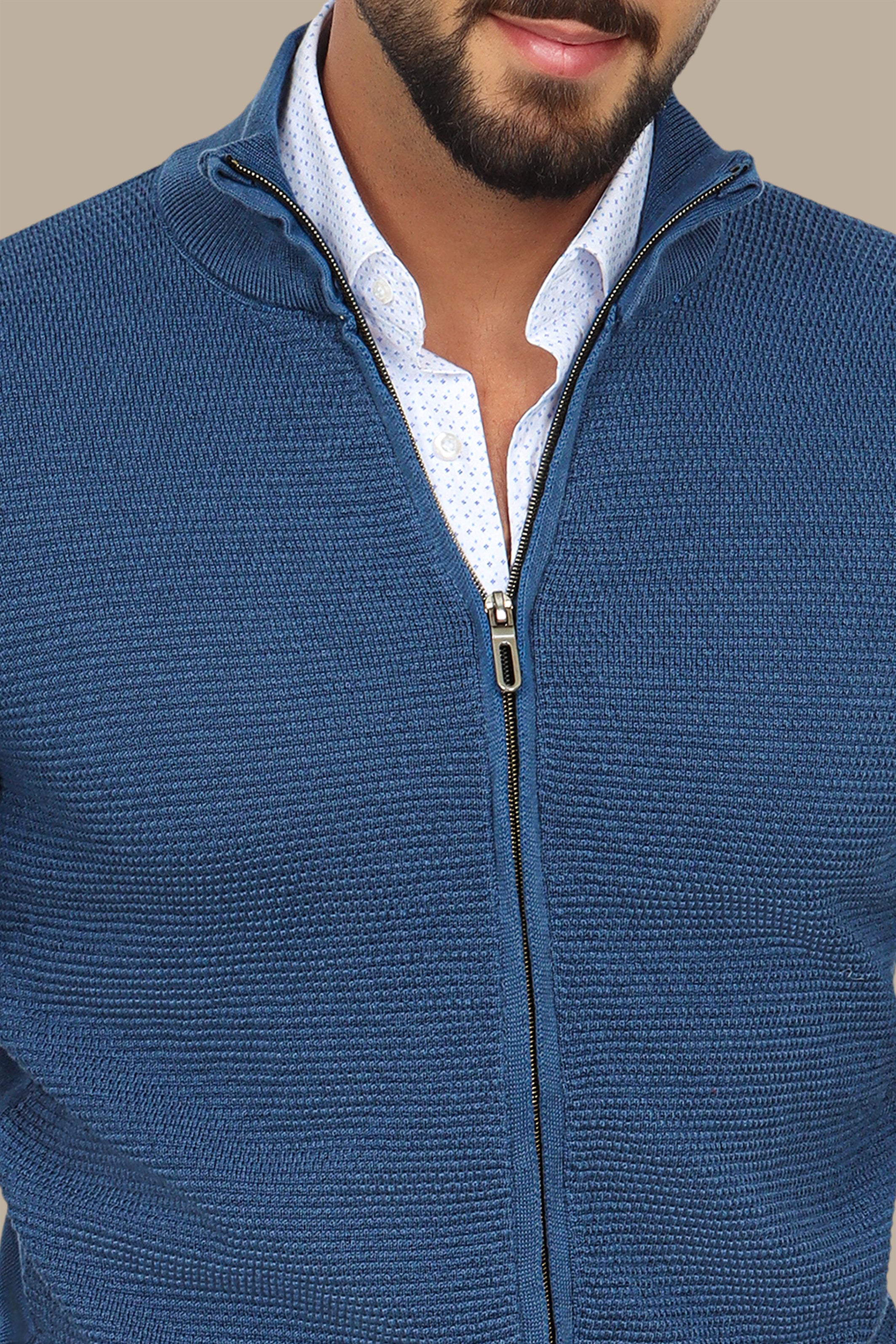 Blue Full-Zip Cardigan with Bee Print