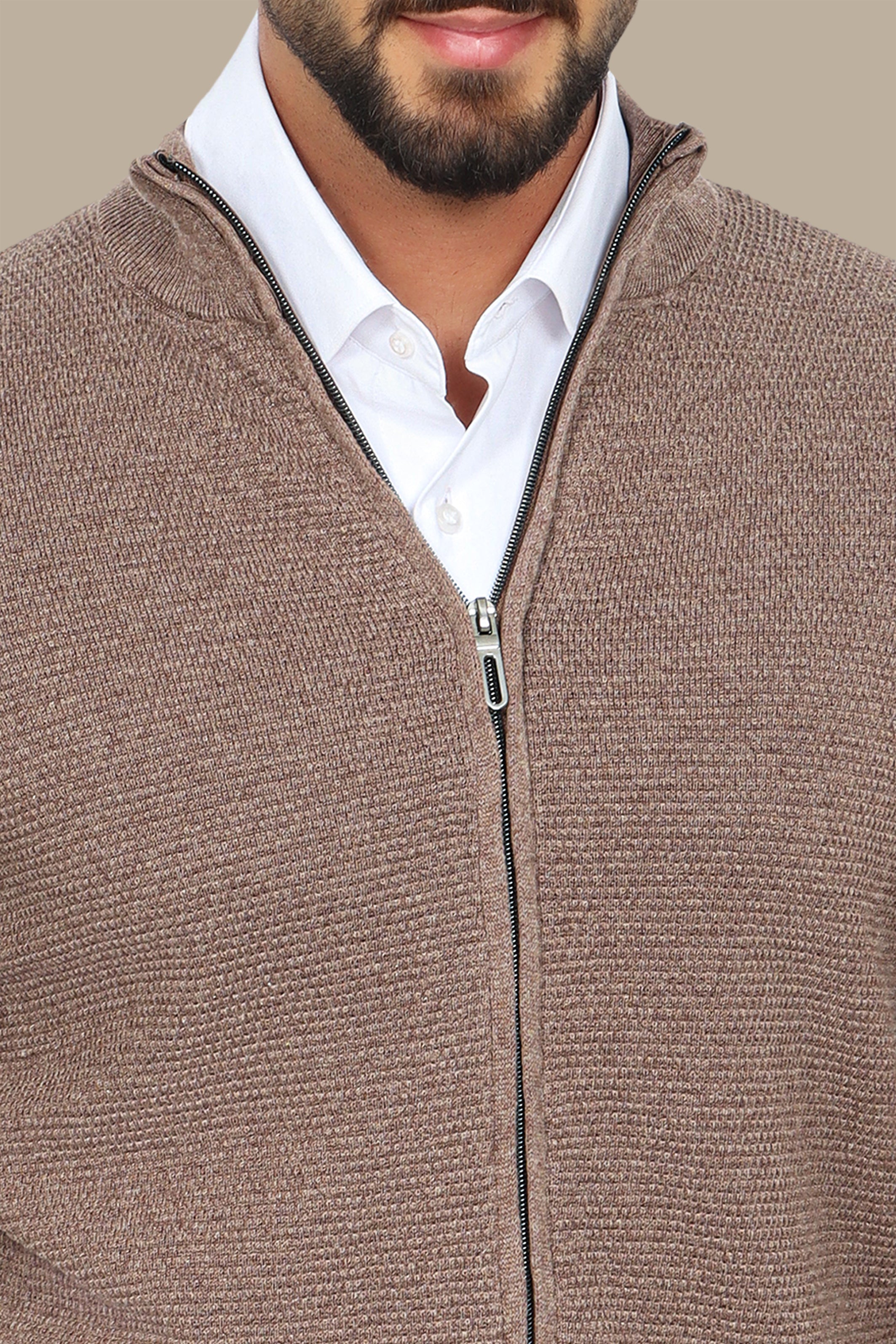 Beige Full-Zip Cardigan with Bee Print