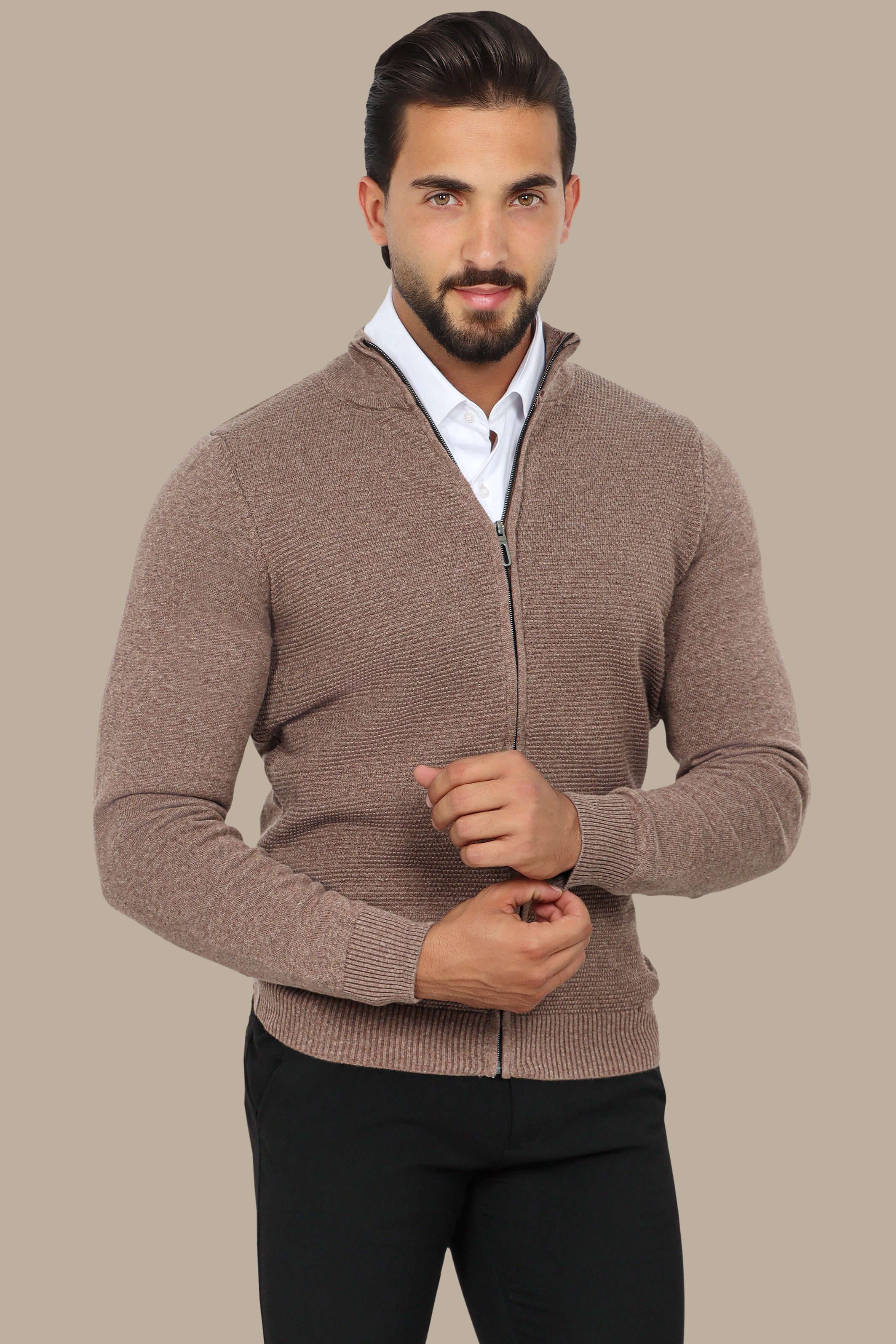 Beige Full-Zip Cardigan with Bee Print