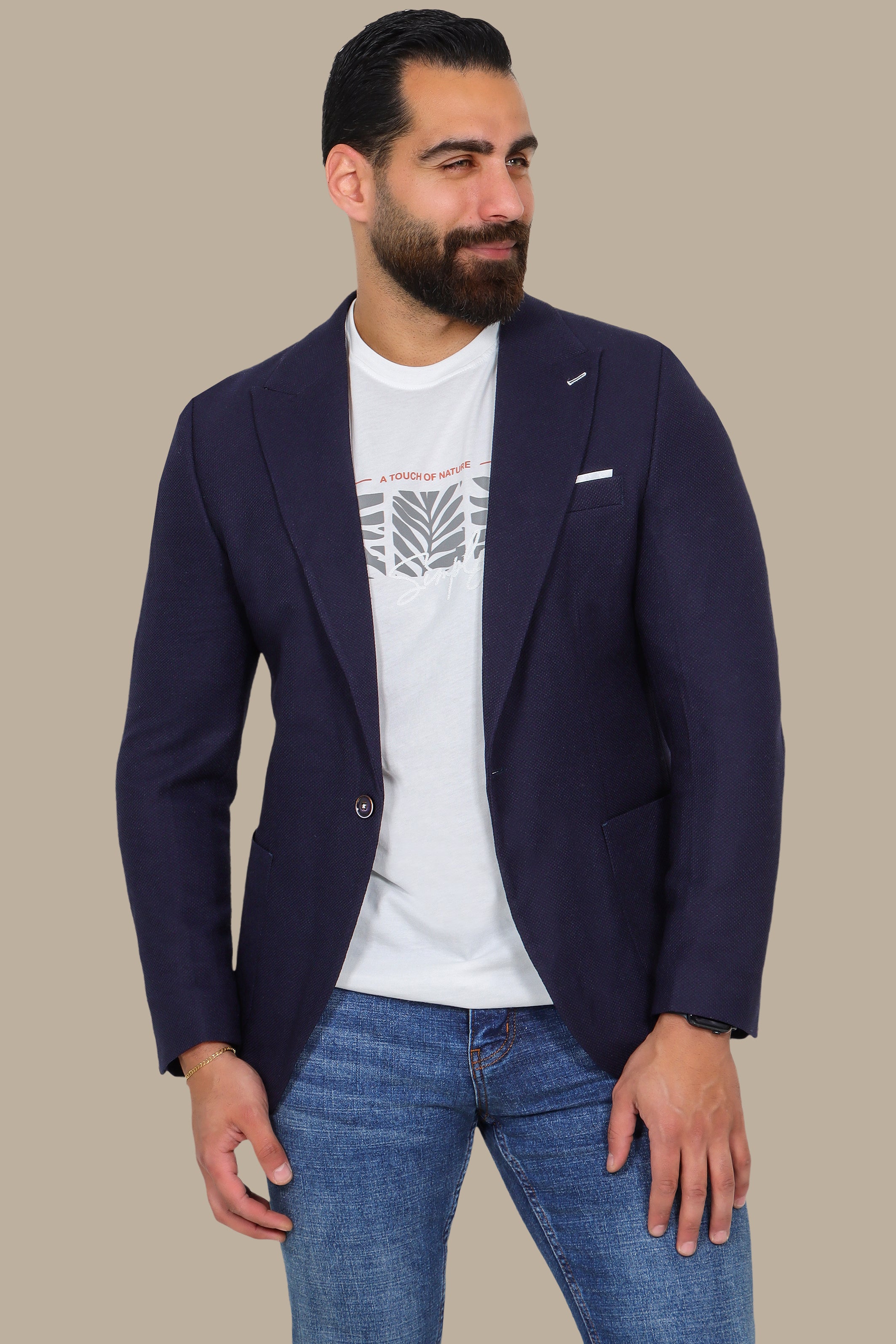 Dark Navy Piquet Blazer with Peak Lapel