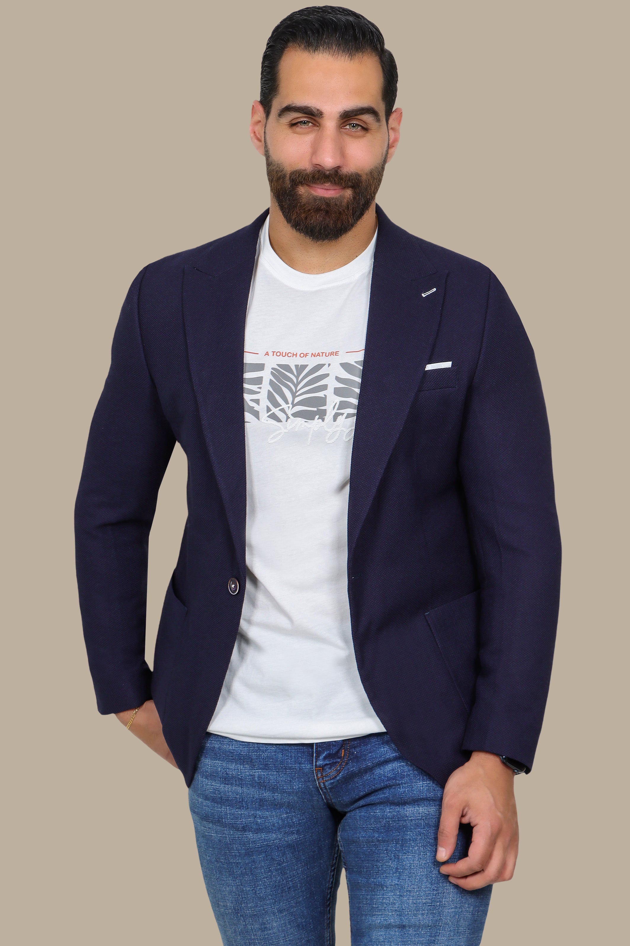 Dark Navy Piquet Blazer with Peak Lapel