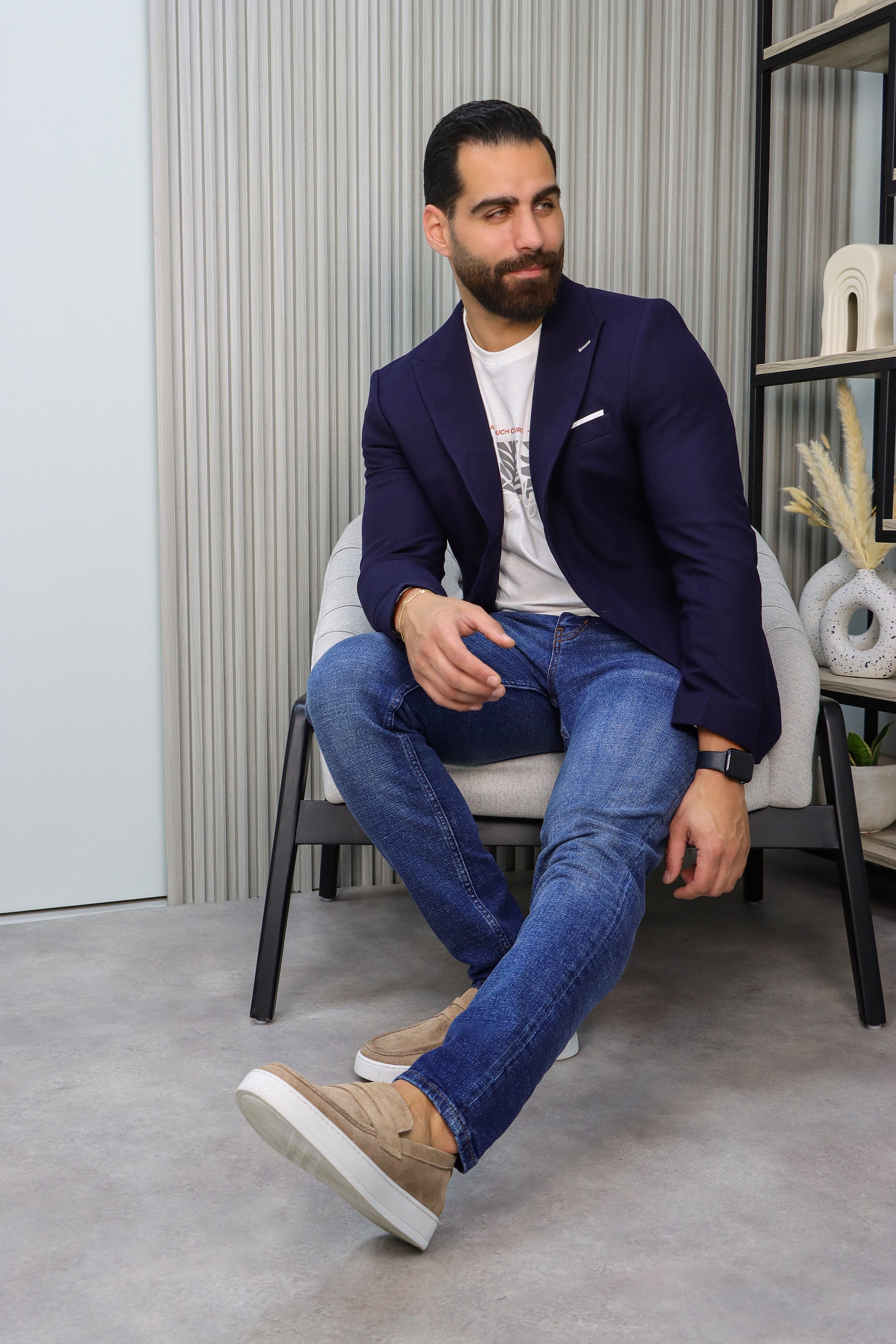 Dark Navy Piquet Blazer with Peak Lapel
