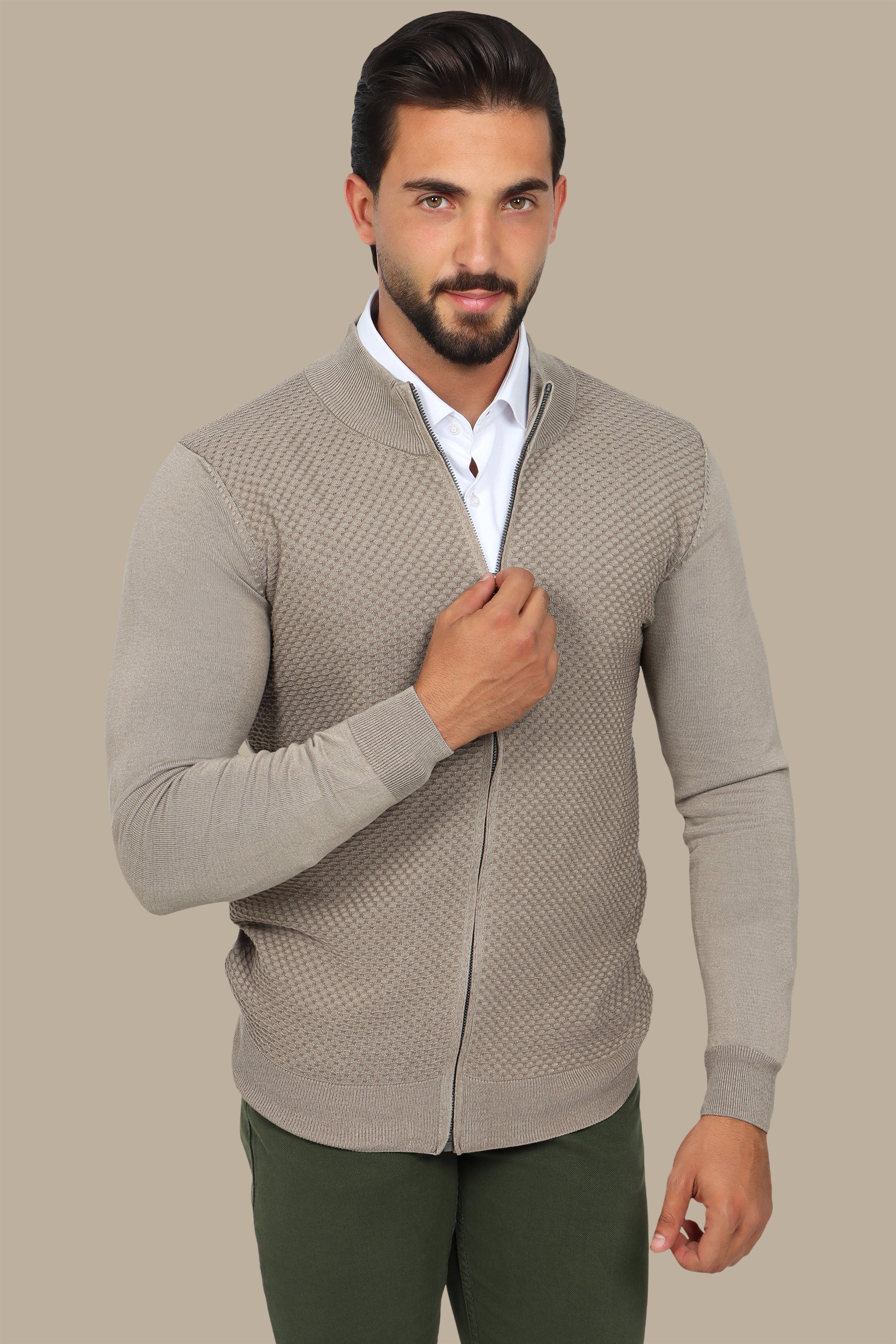 Beige Full-Zip Cardigan with Honey Print