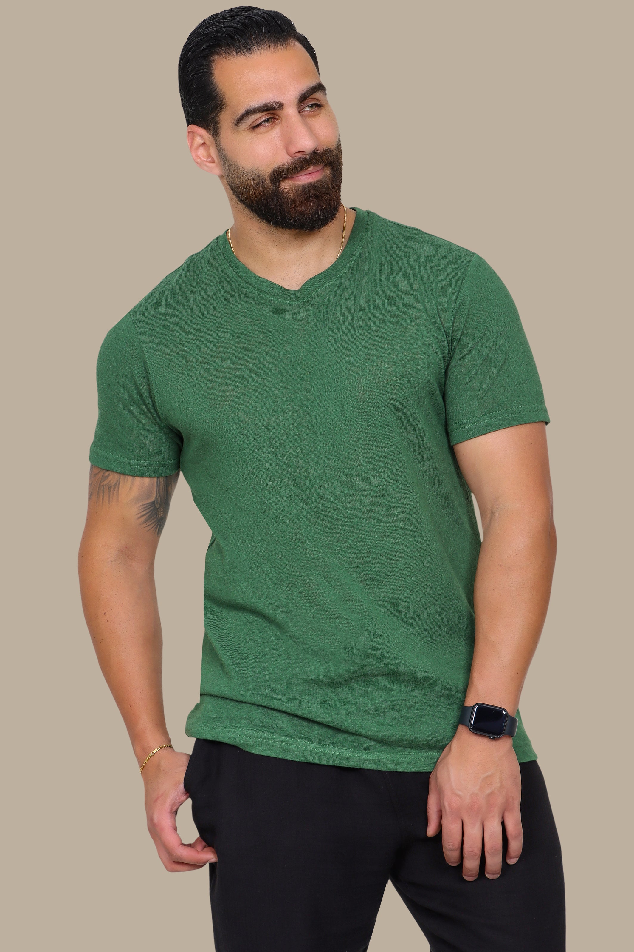 Green Linen Short Sleeve T-Shirt with Round Neck