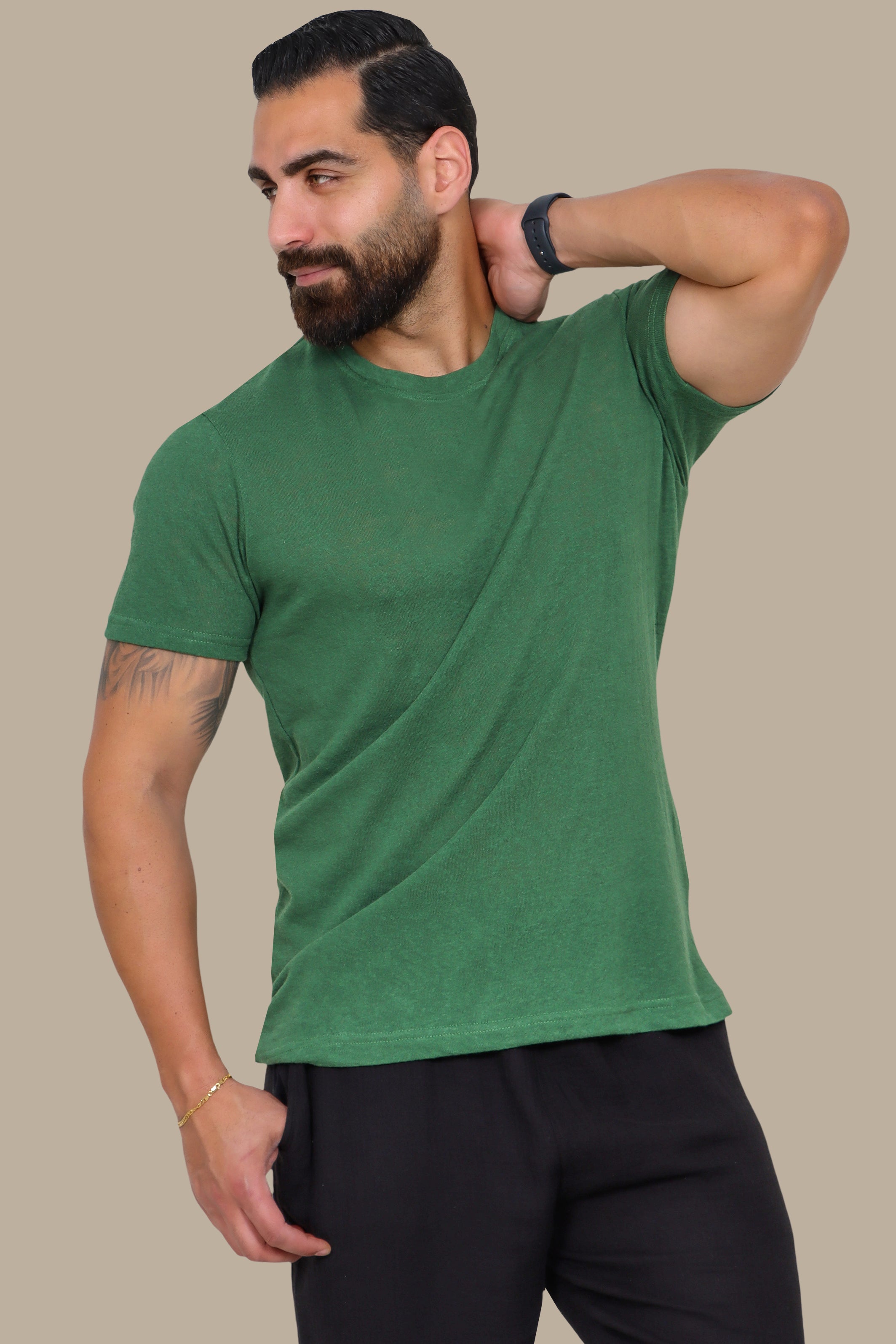 Green Linen Short Sleeve T-Shirt with Round Neck