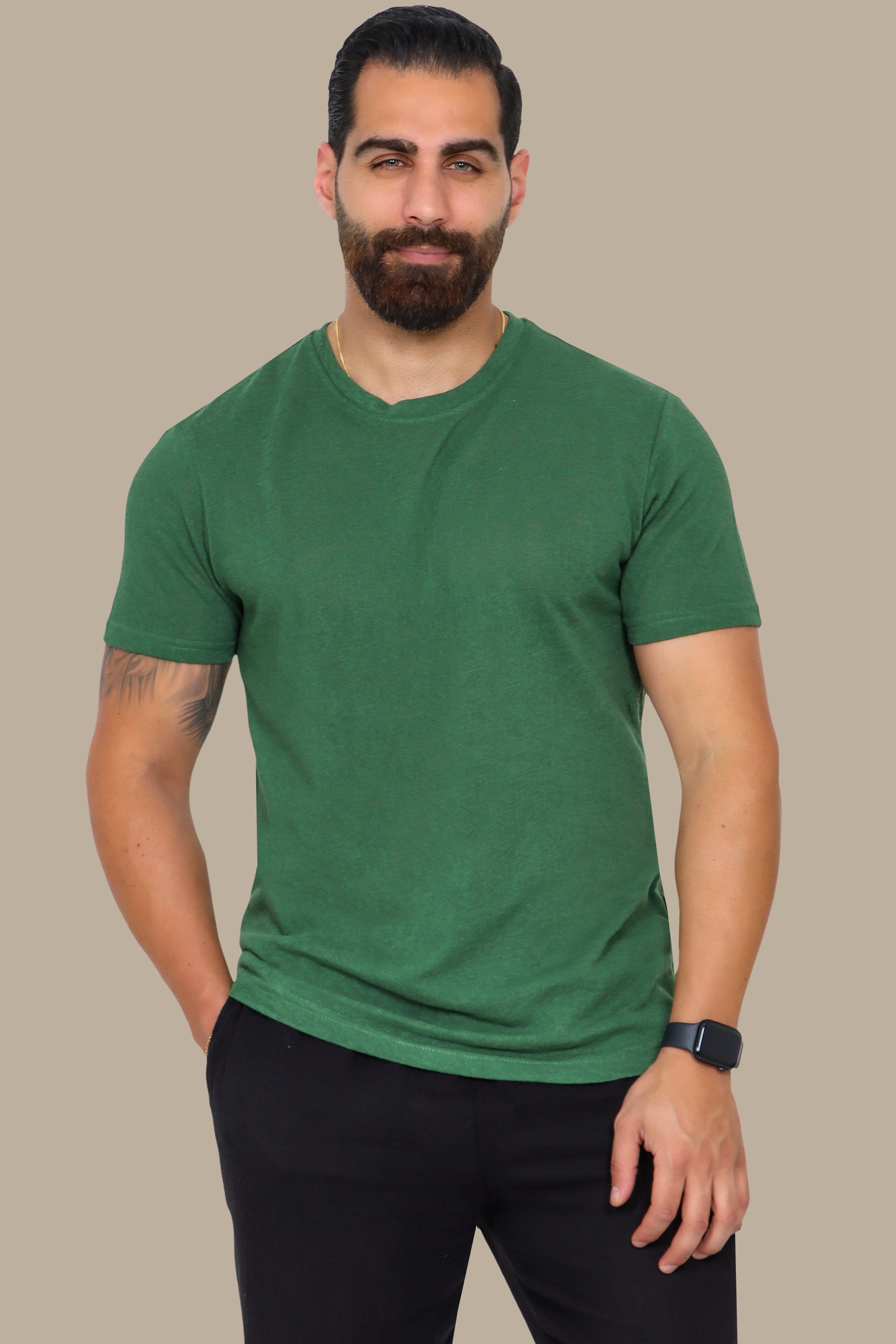 Green Linen Short Sleeve T-Shirt with Round Neck