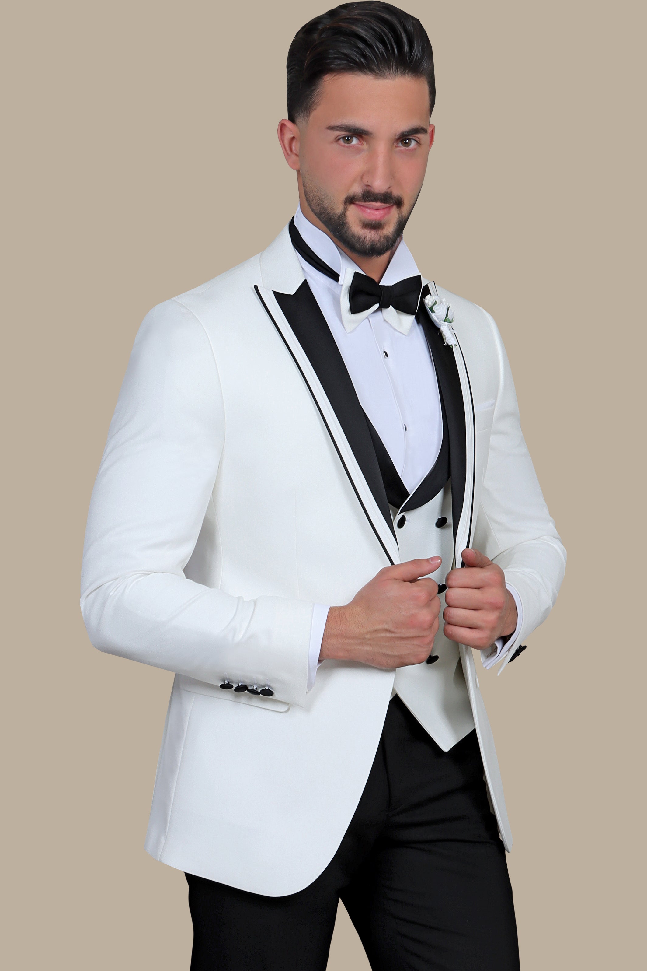 Sleek White Peak 3-Piece Tuxedo Suit featuring White Brim Detailing