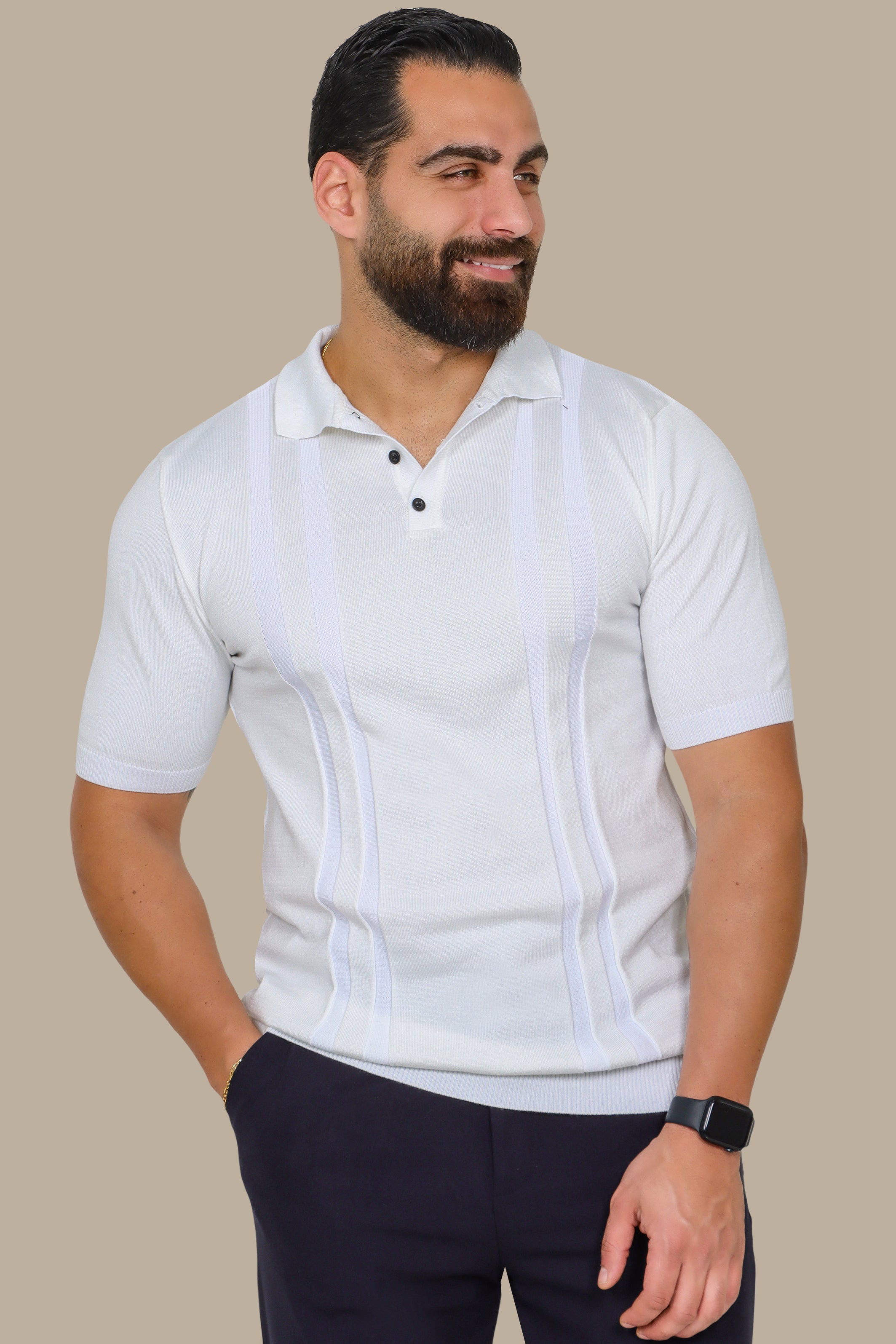 White Mercerized Polo with Two-Line Design
