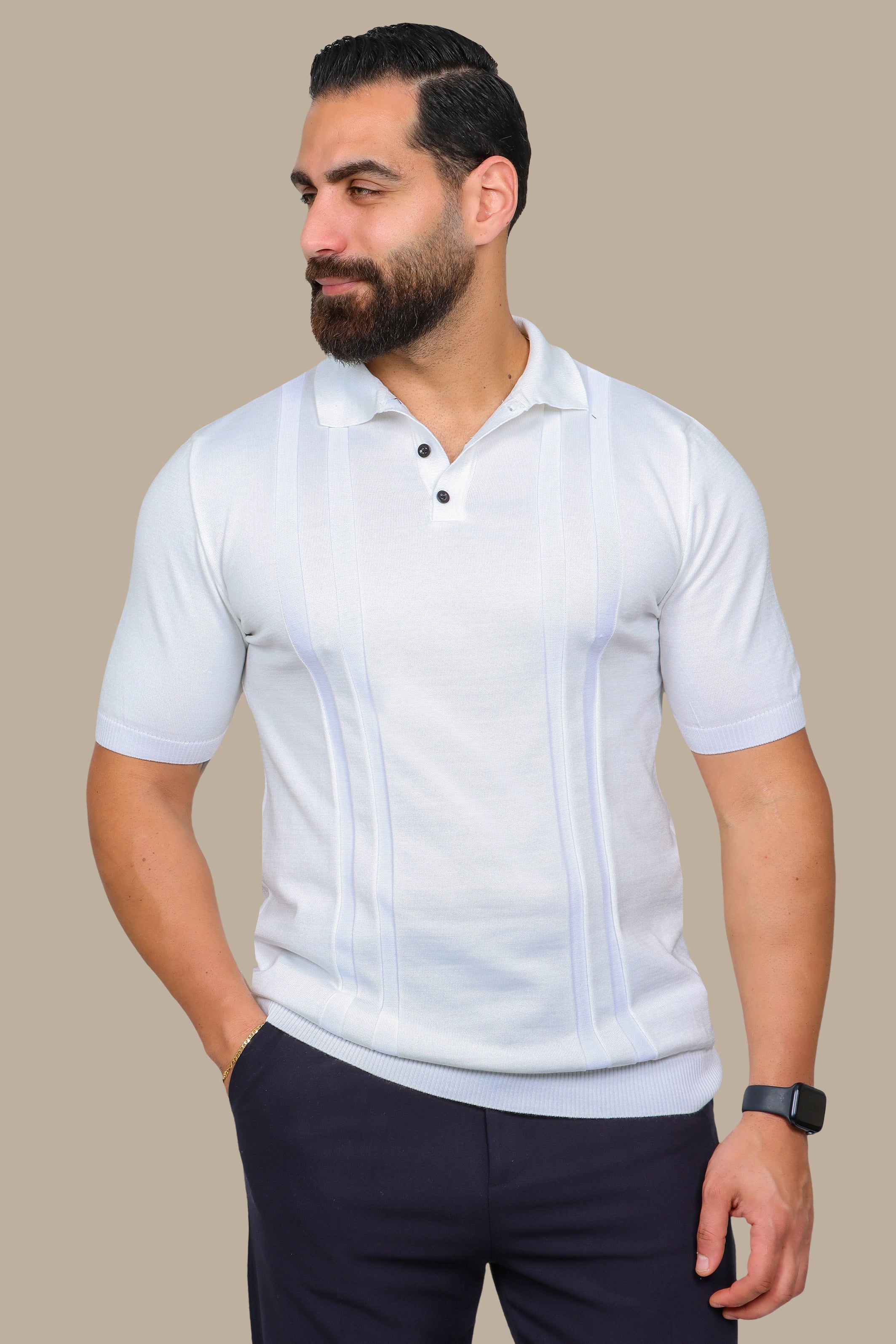 White Mercerized Polo with Two-Line Design
