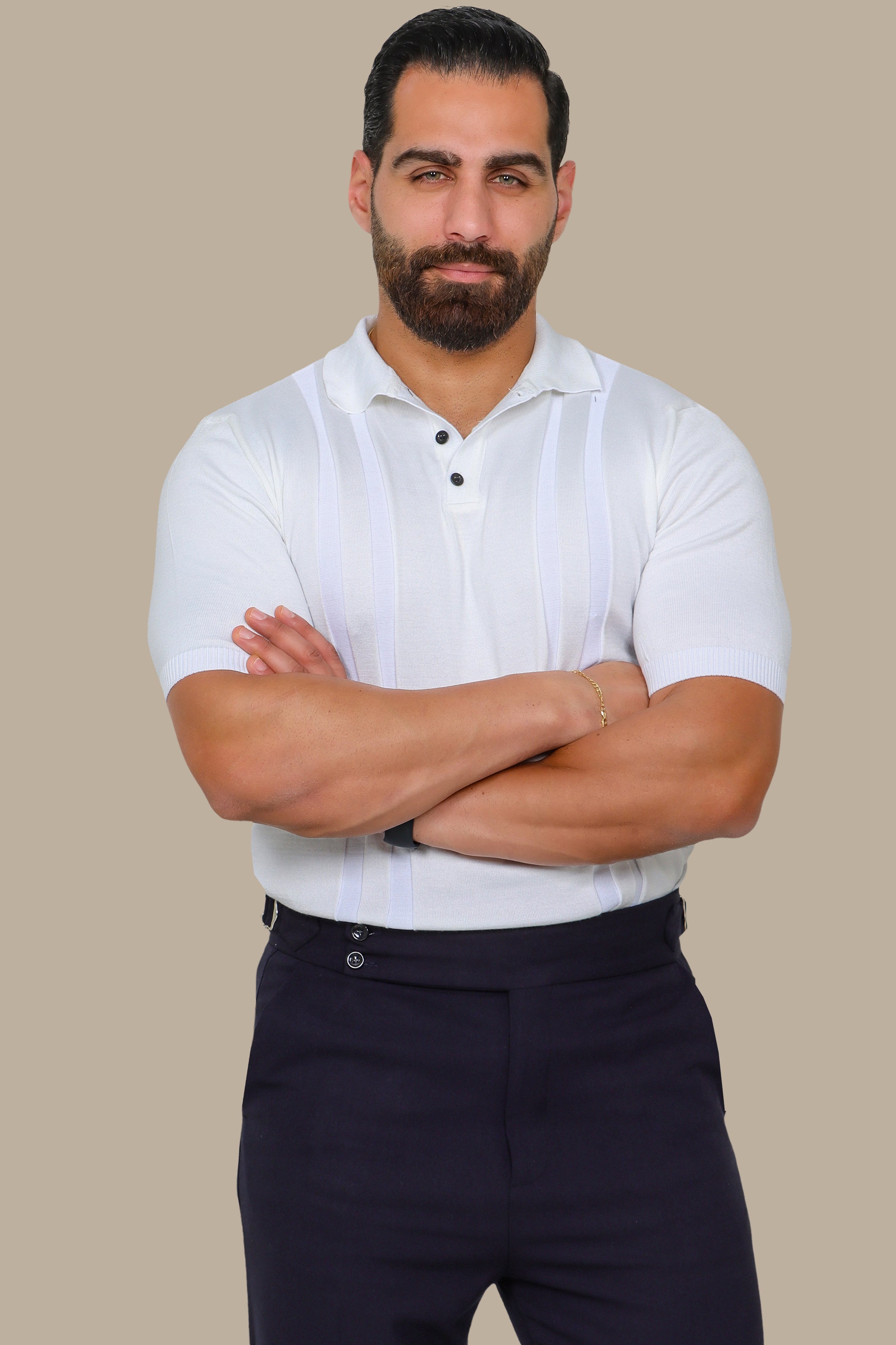 White Mercerized Polo with Two-Line Design