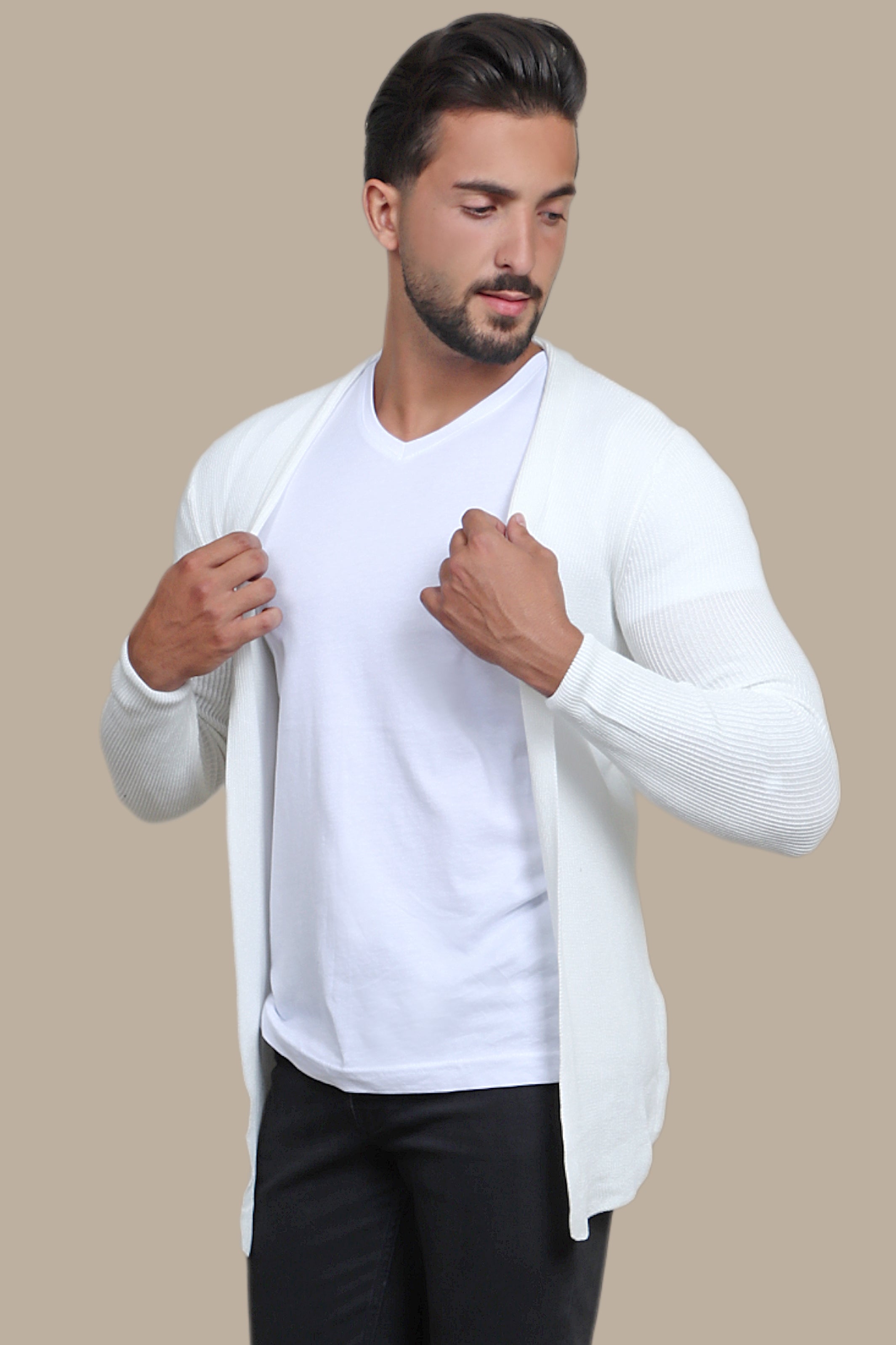 Elegant Ivory Elegance: The White Ribbed Long Cardigan
