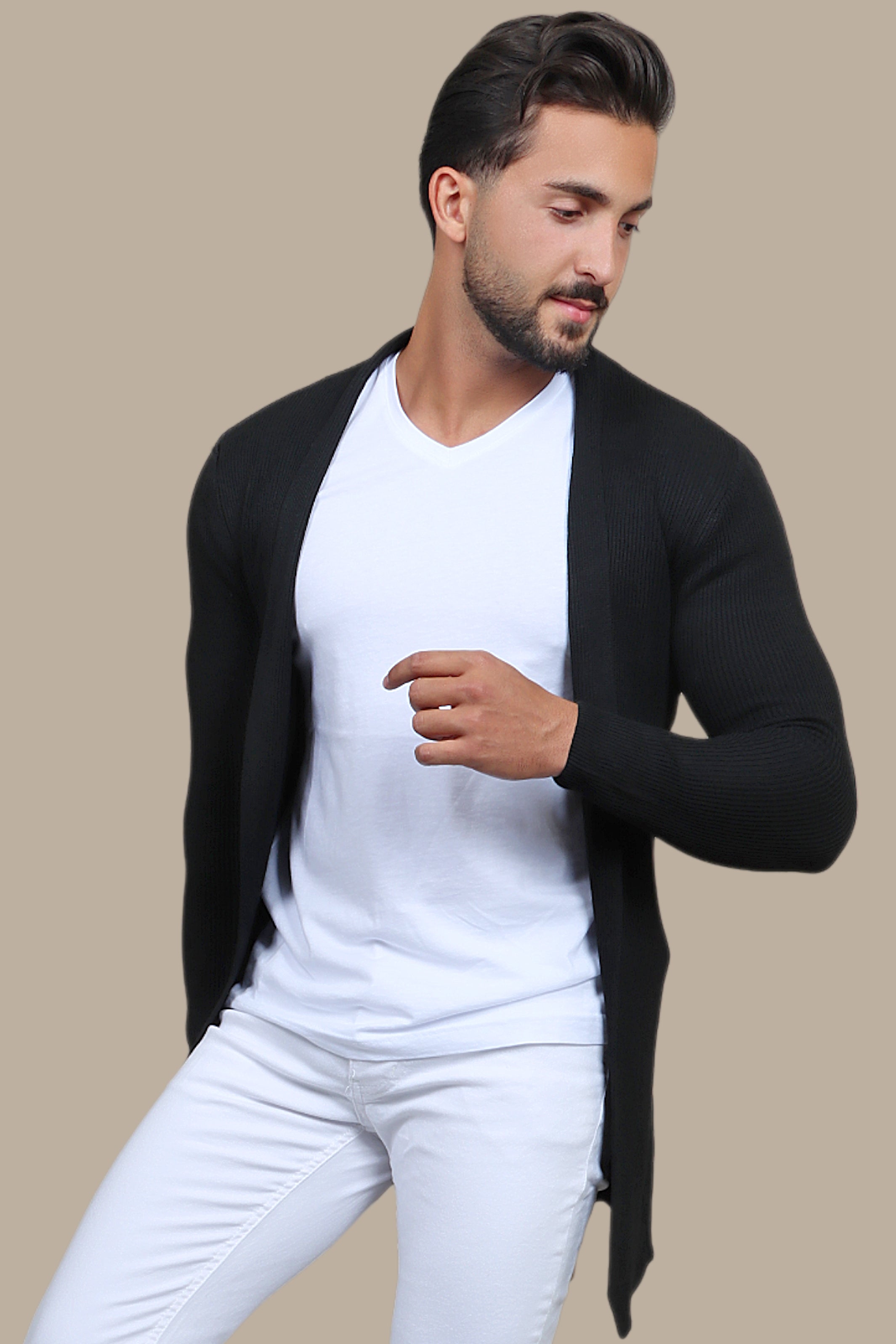 Enigmatic Obsidian Embrace: The Mysterious Black Ribbed Long Cardigan