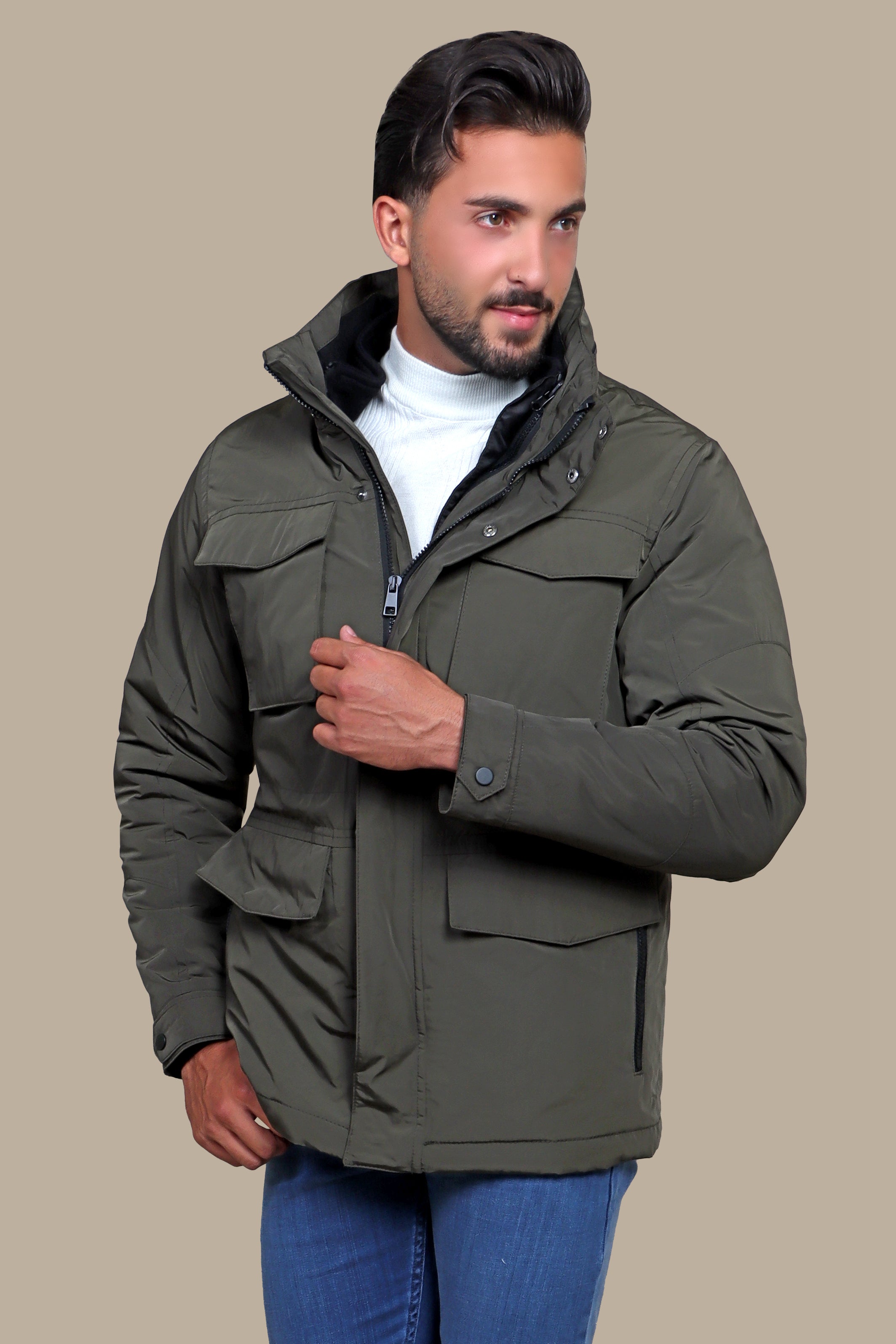 Khaki Windbreaker Jacket with Detachable Hood