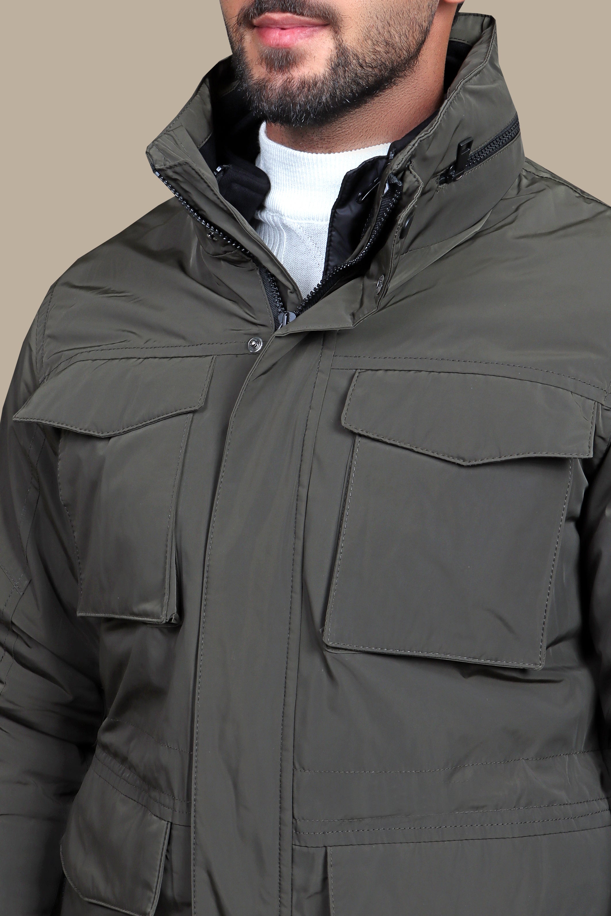 Khaki Windbreaker Jacket with Detachable Hood