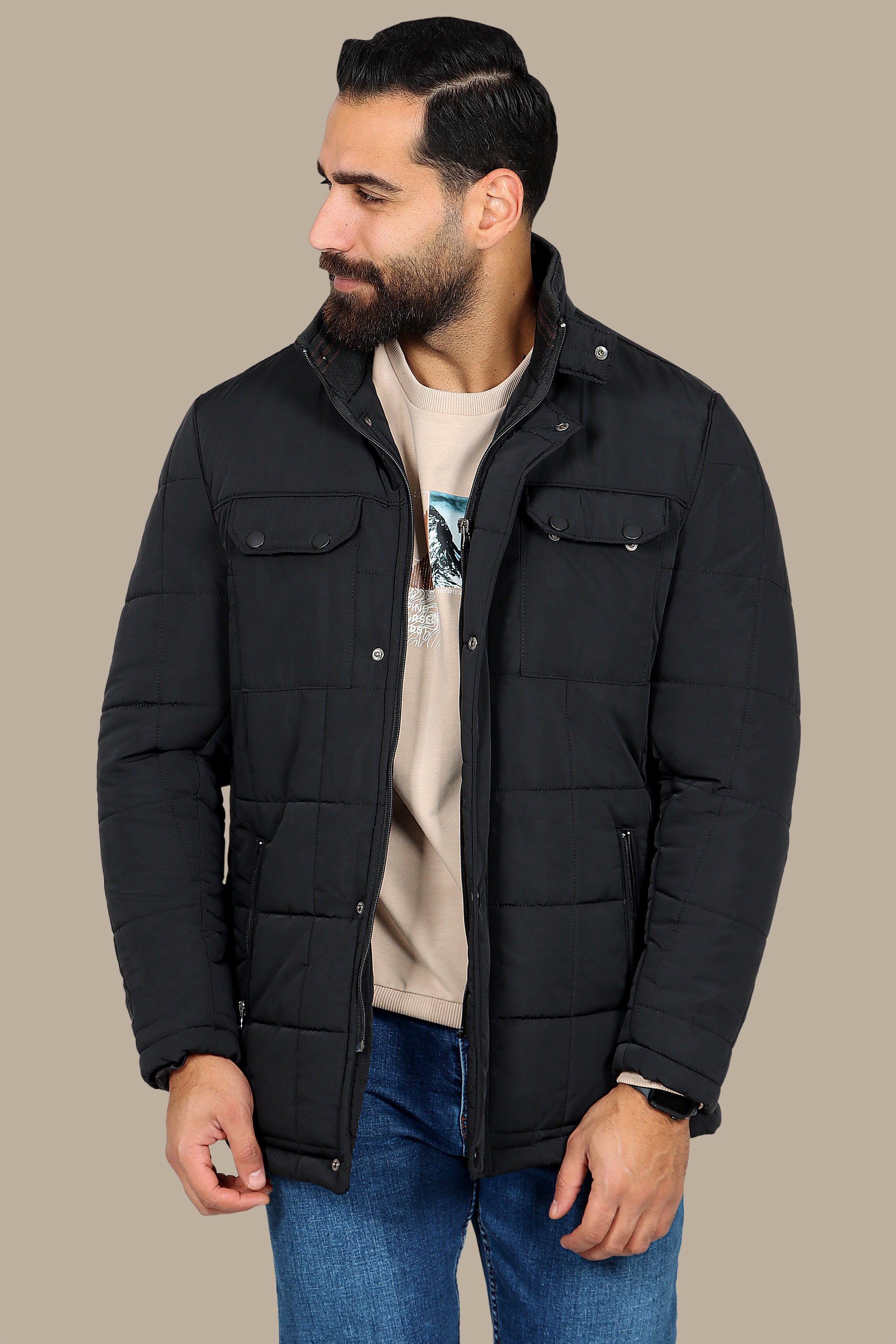 Black Puffer Jacket with Flap Pockets