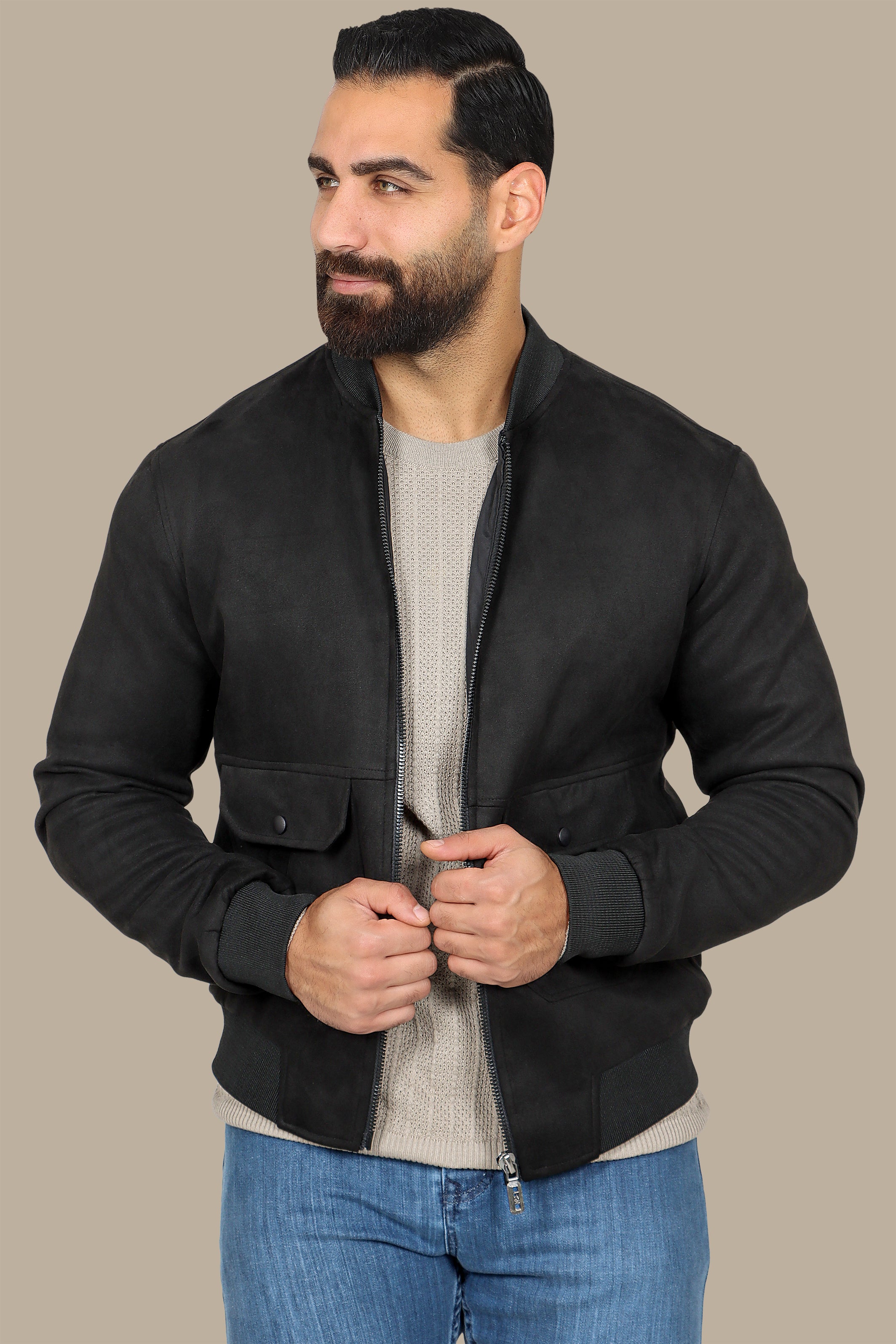 Faux Suede Blouson Jacket with Mao Collar
