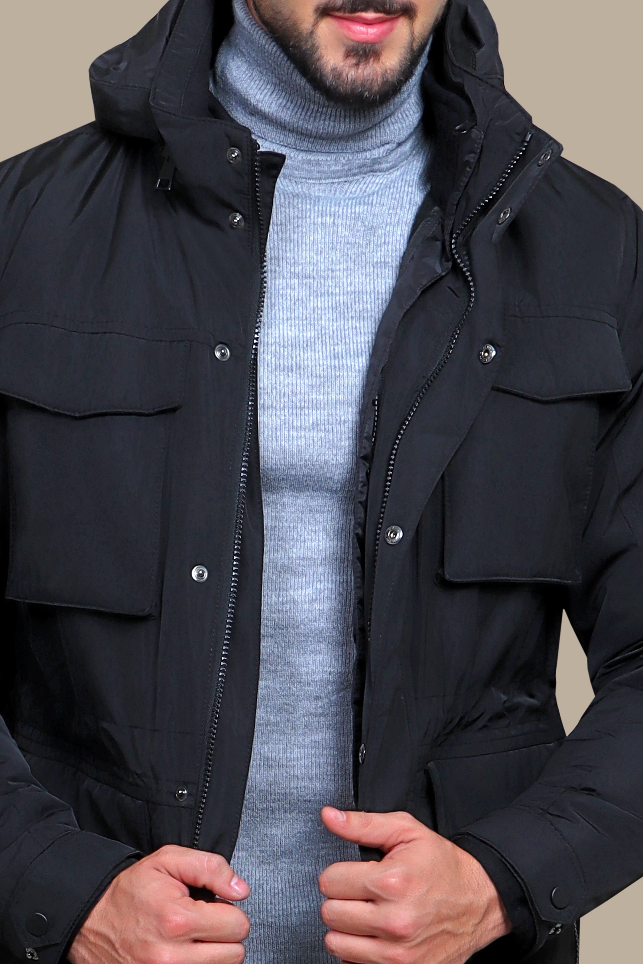 Adaptable Allure: Black Detachable Windbreaker Jacket