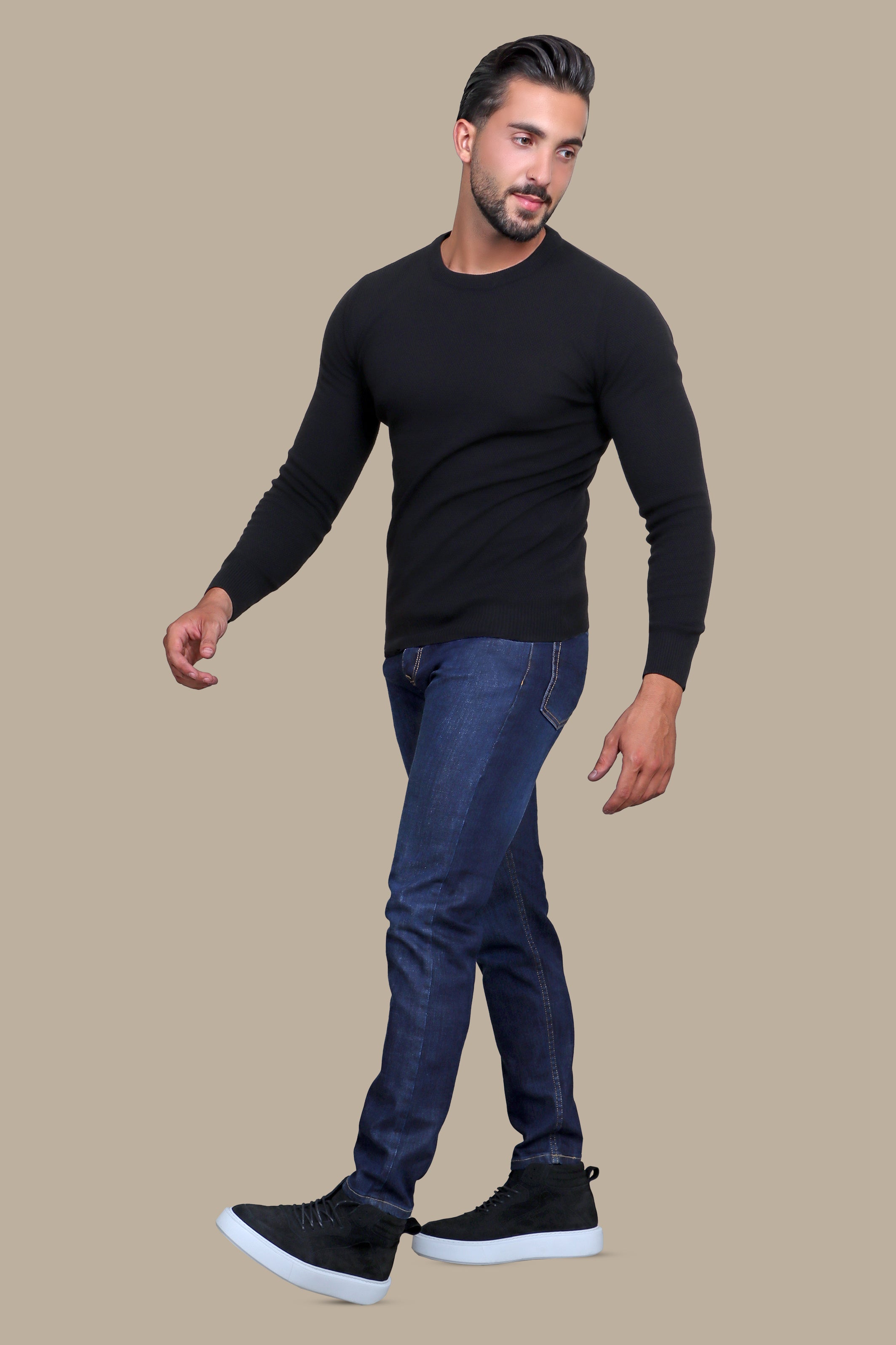 Black Round Neck Structured Sweater