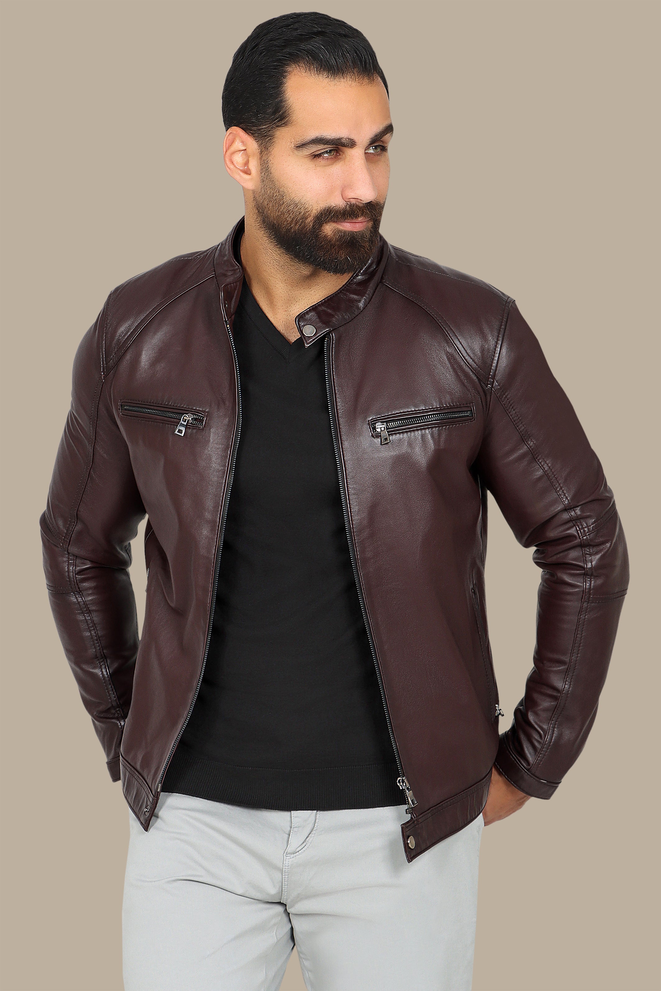 Burgundy Blaze: Leather Collar Jacket with Quadruple Zippers
