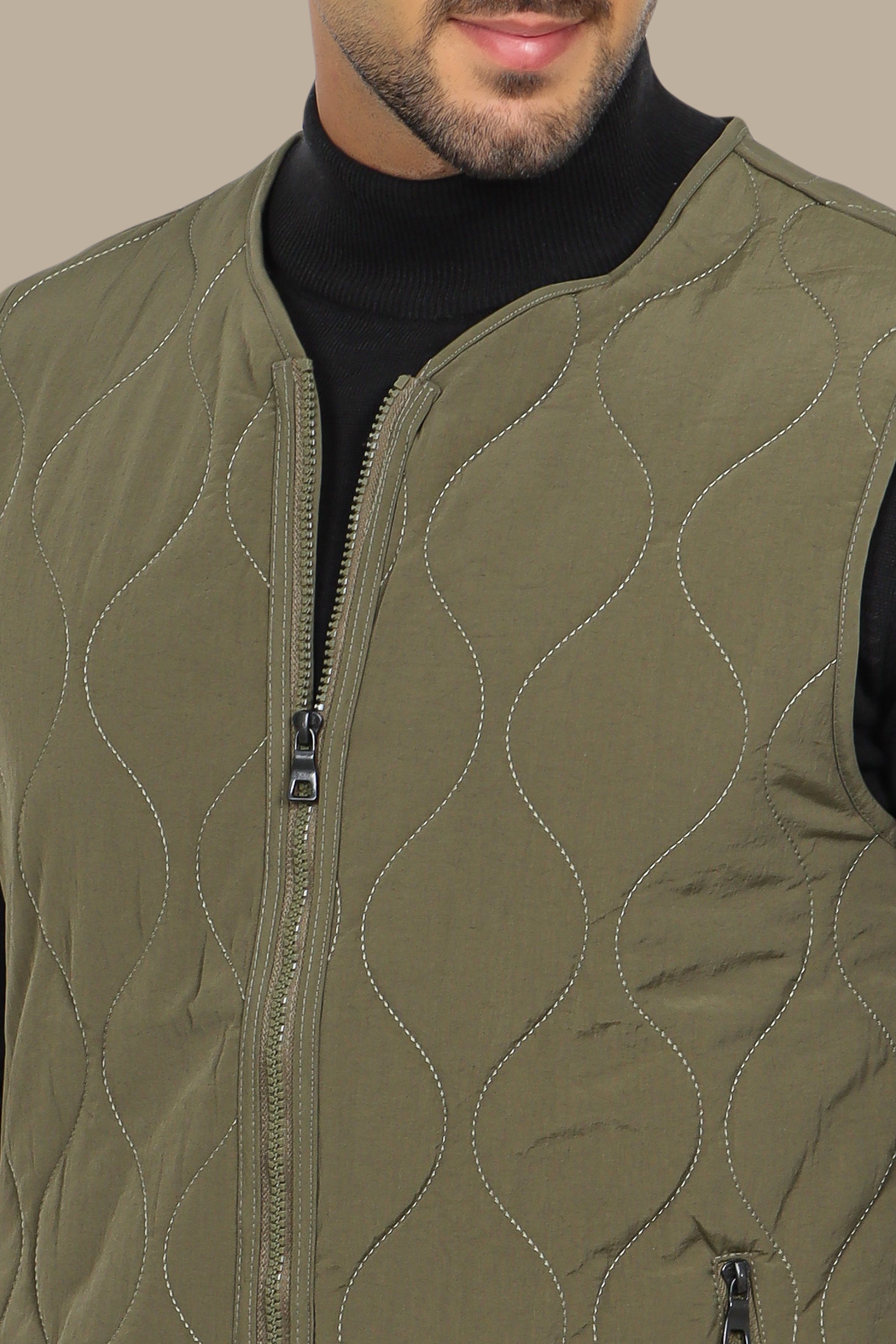 Khaki Puffer Vest with Wavy Stitch