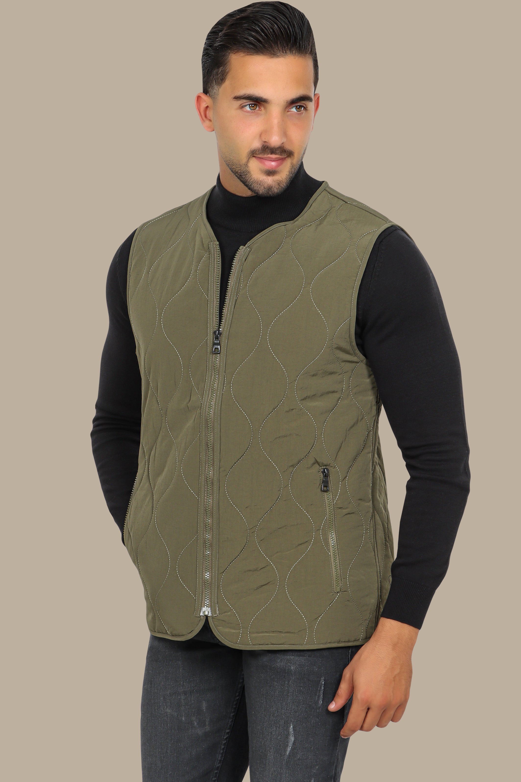 Khaki Puffer Vest with Wavy Stitch