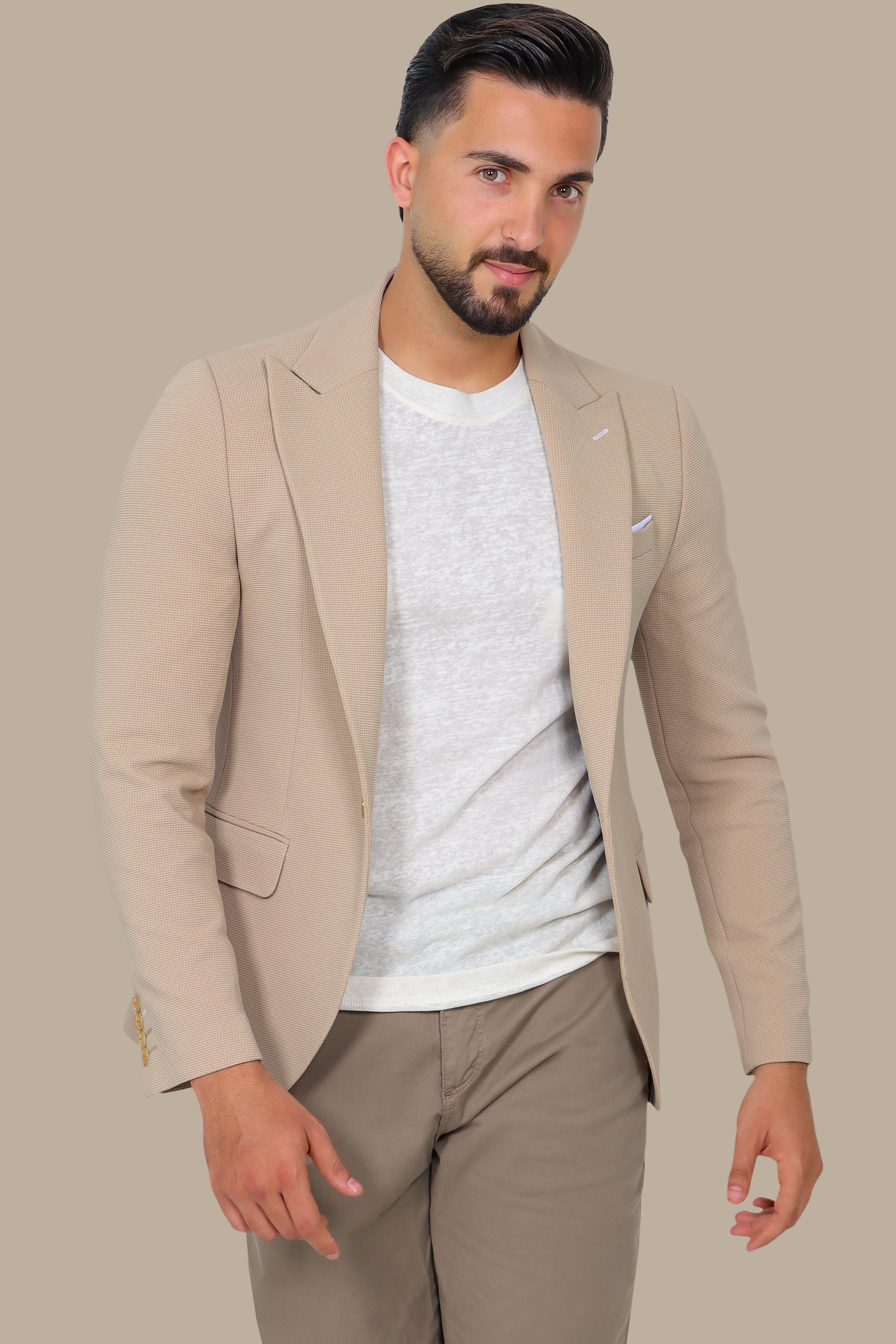 Classic Chic: Beige Structured Peak Lapel Blazer