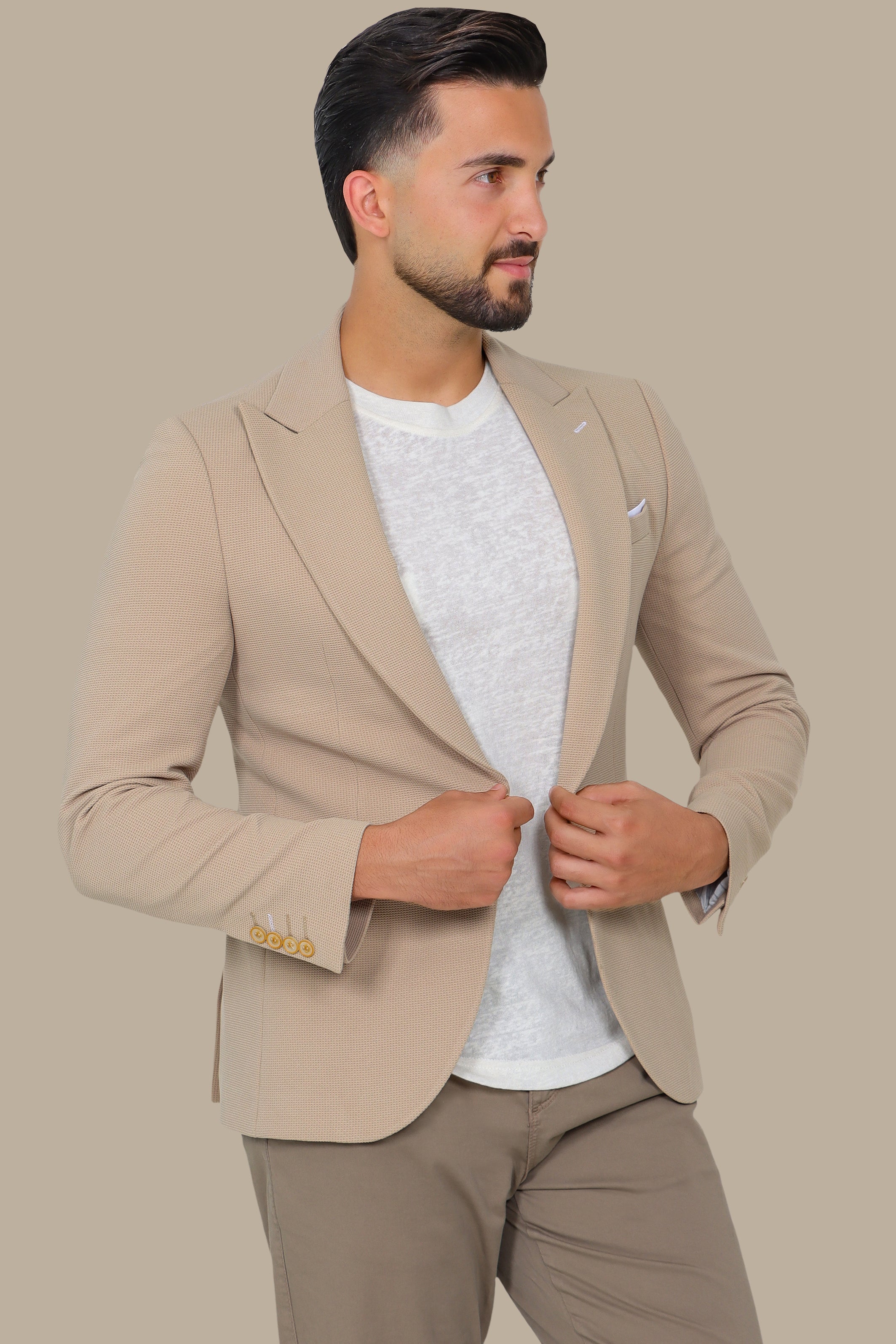 Classic Chic: Beige Structured Peak Lapel Blazer