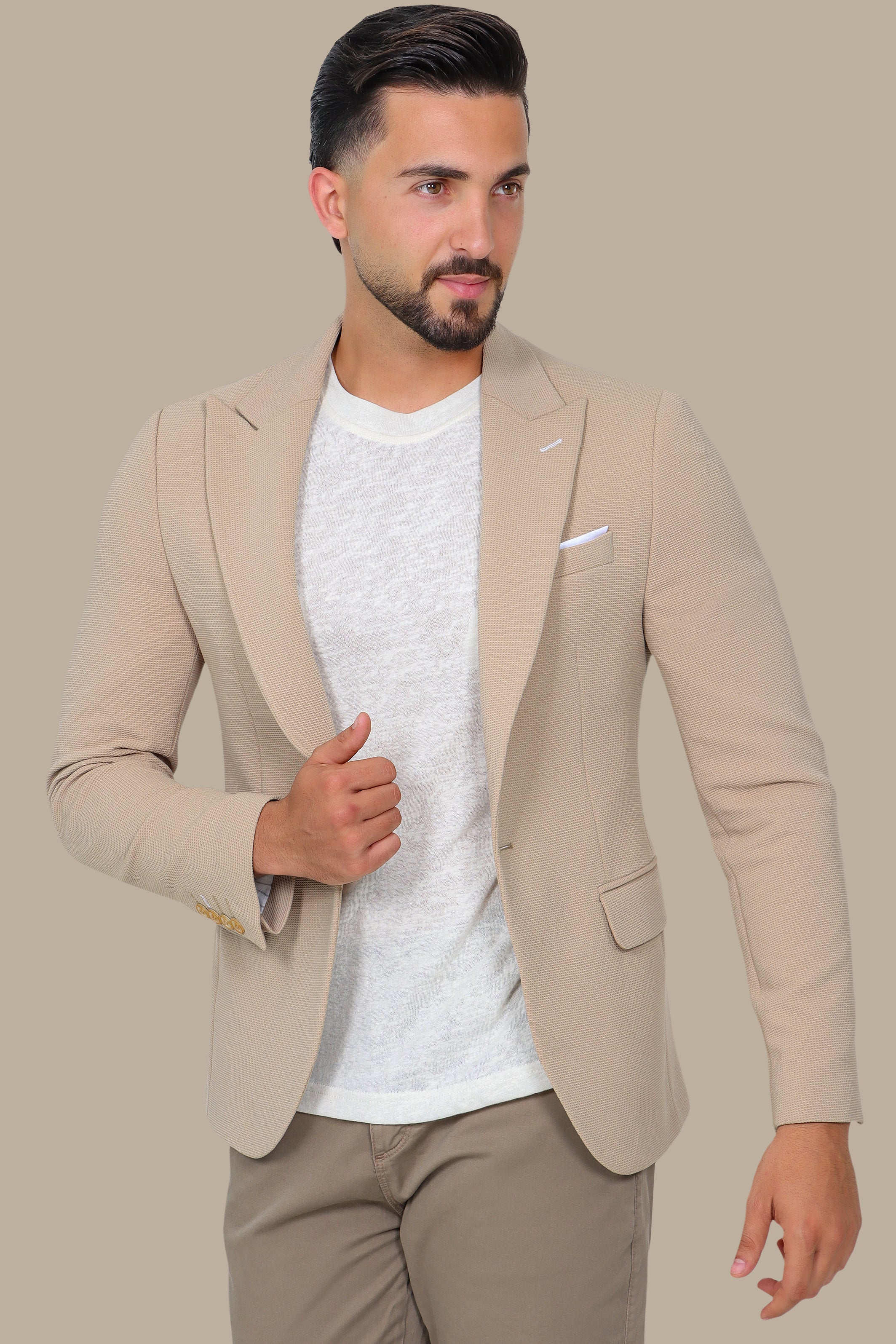 Classic Chic: Beige Structured Peak Lapel Blazer