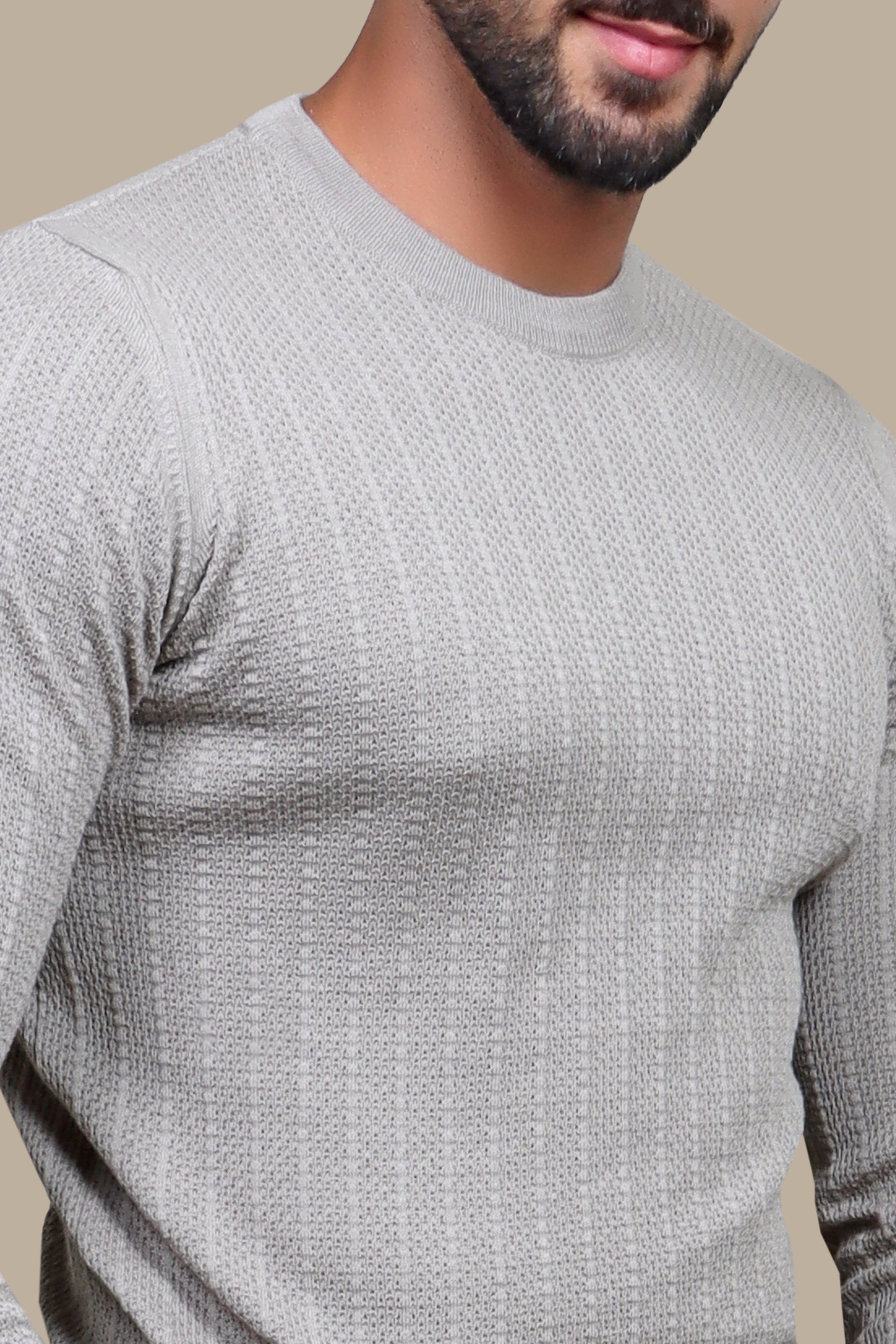 Beige Striped Round Neck Sweater: Cozy Structure for Everyday Style