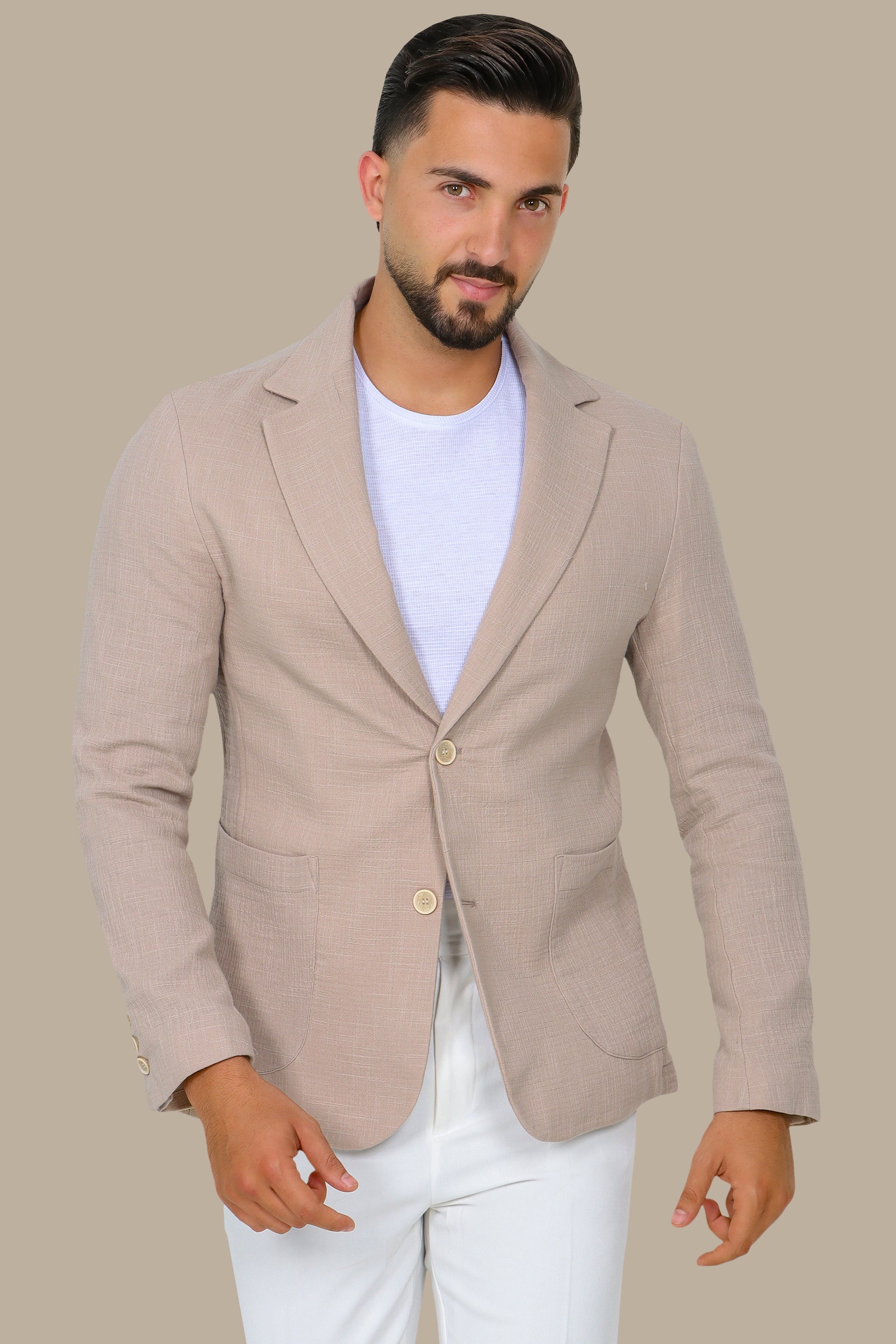 Beige Linen Blazer with Notch Lapel