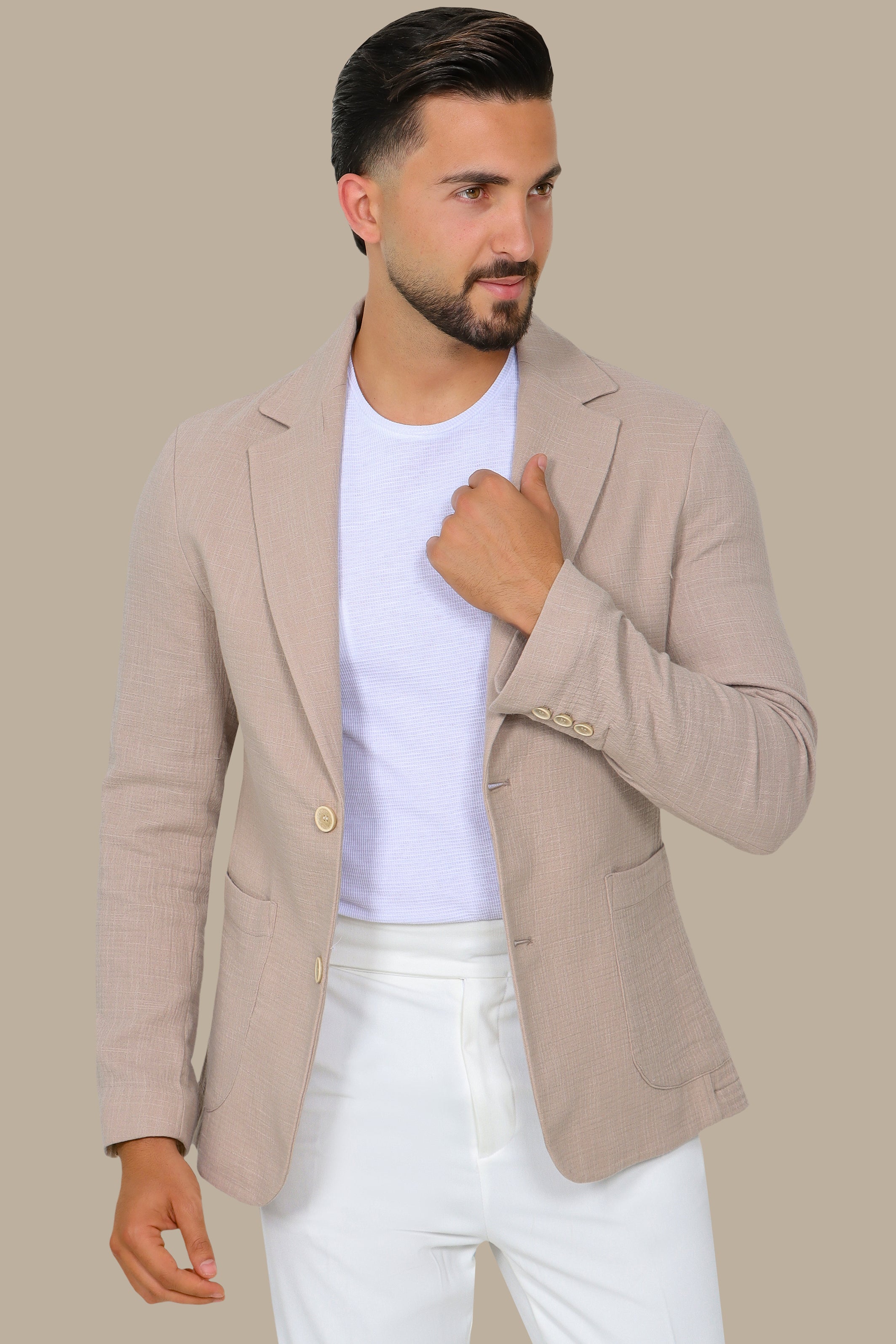 Beige Linen Blazer with Notch Lapel