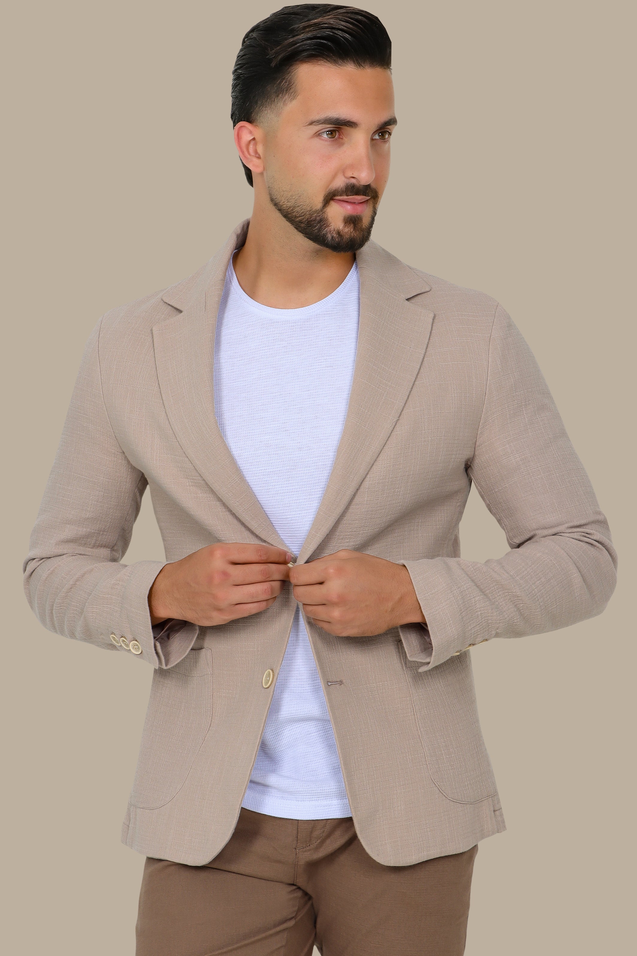Beige Linen Blazer with Notch Lapel
