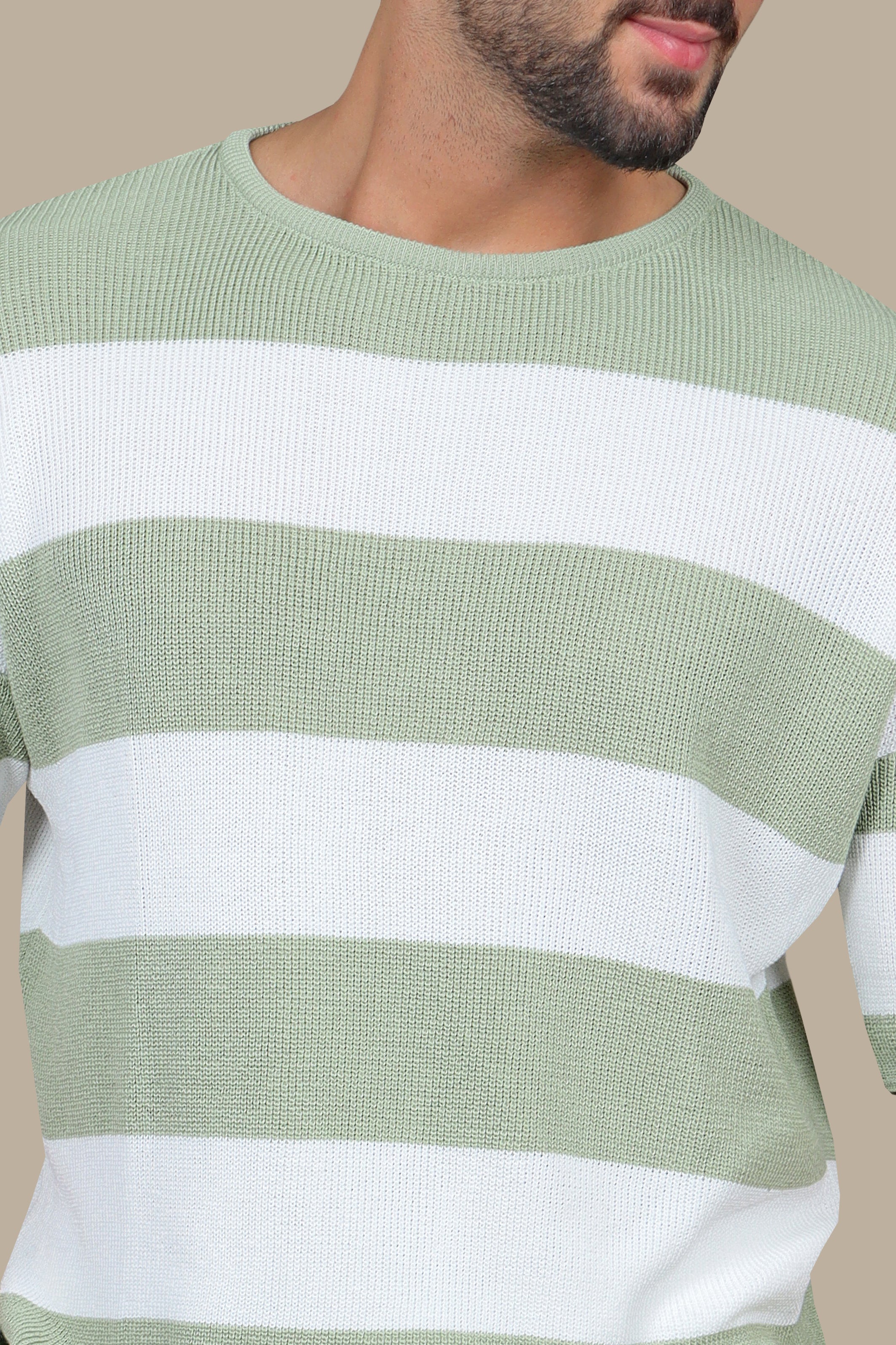 Olive Wide Striped Oversized T-Shirt with 3/4 Sleeves