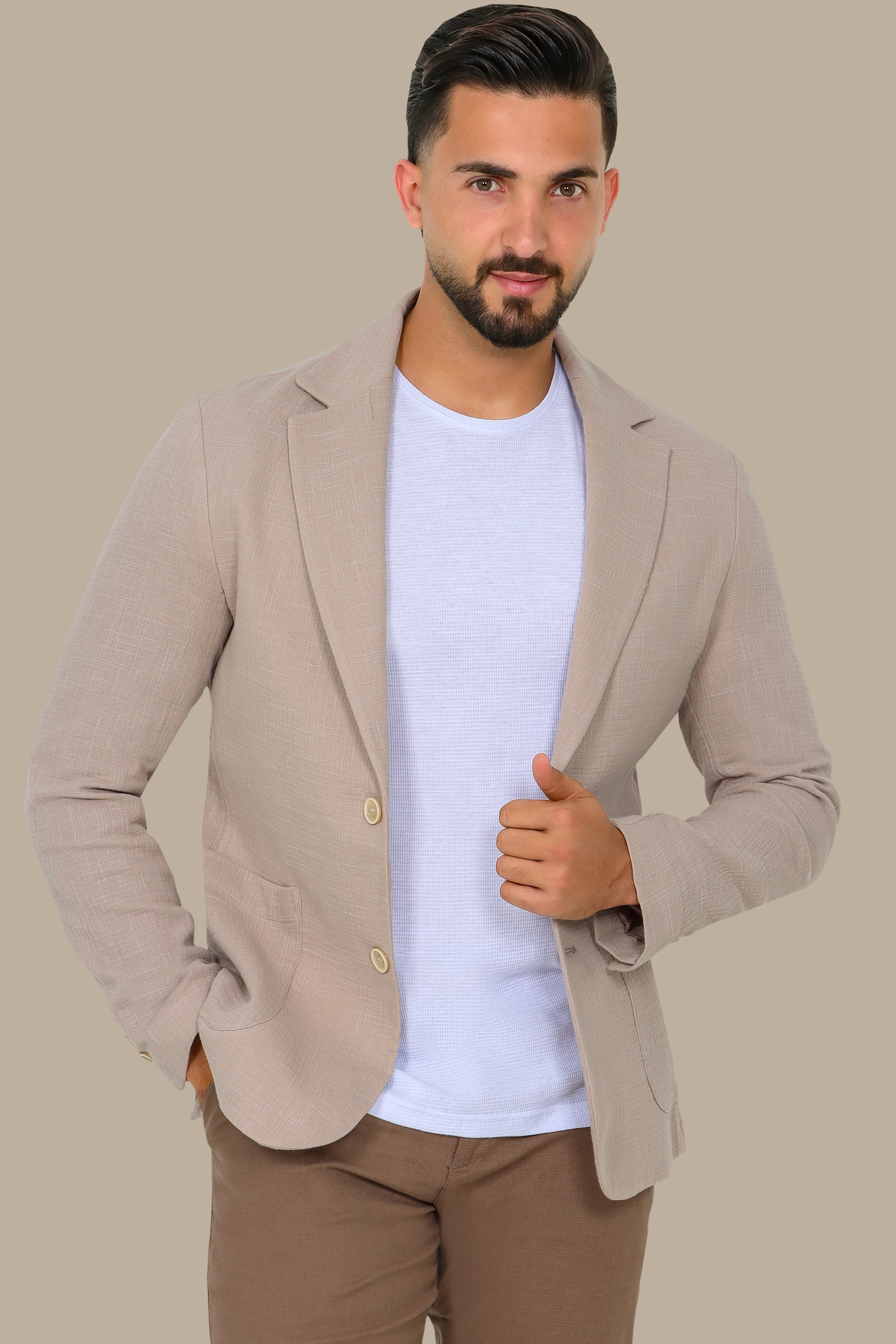 Beige Linen Blazer with Notch Lapel