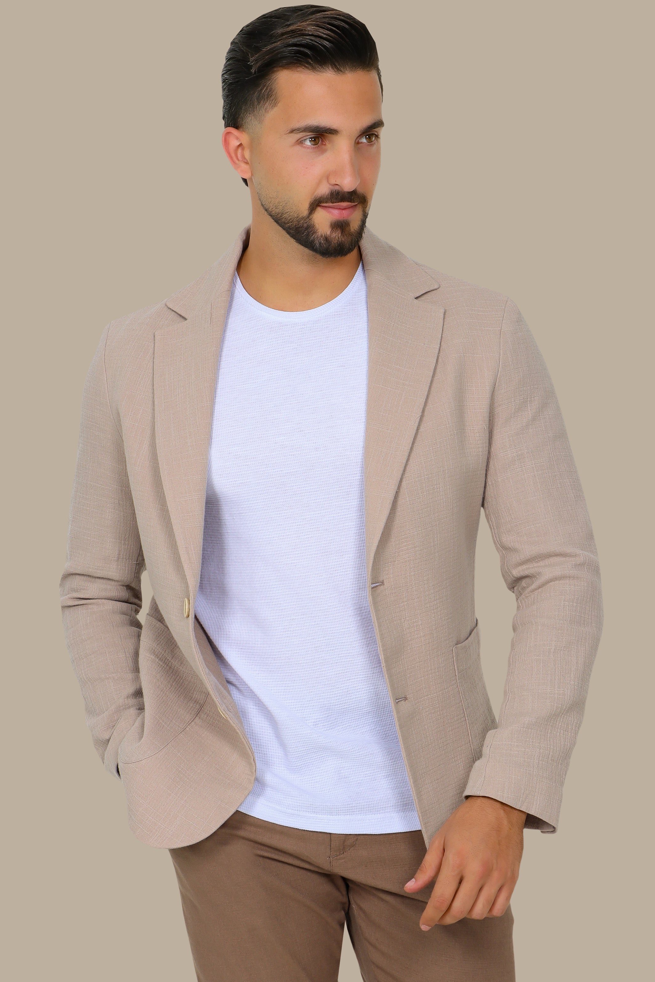 Beige Linen Blazer with Notch Lapel