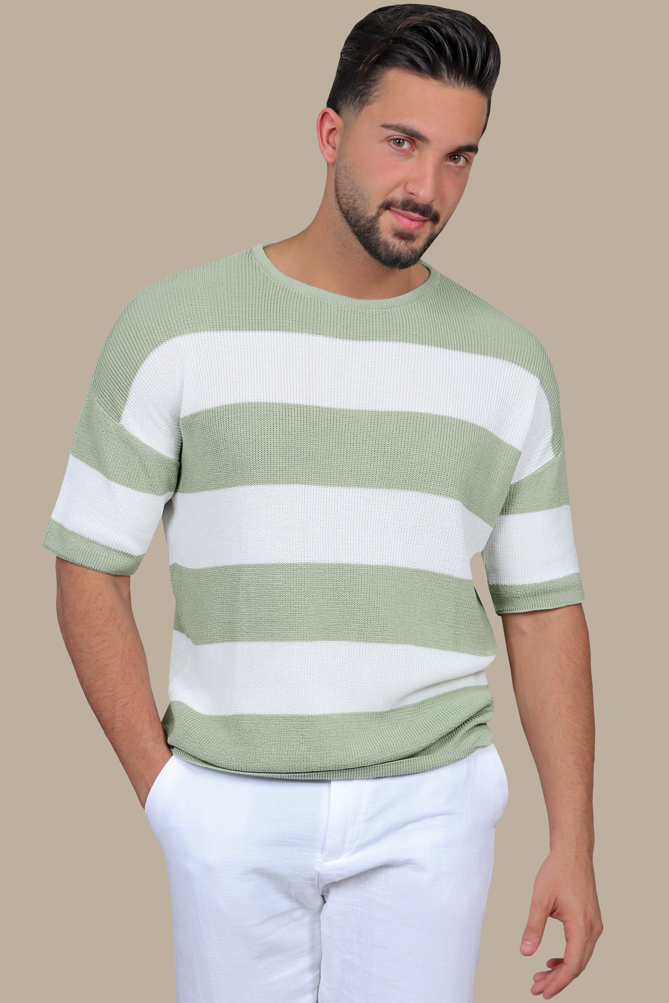 Olive Wide Striped Oversized T-Shirt with 3/4 Sleeves
