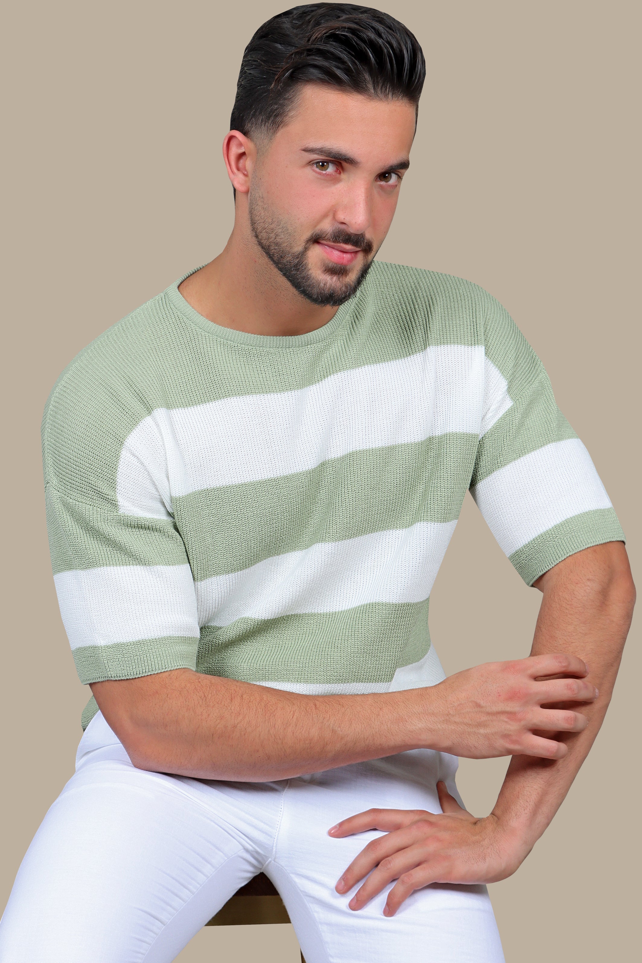 Olive Wide Striped Oversized T-Shirt with 3/4 Sleeves