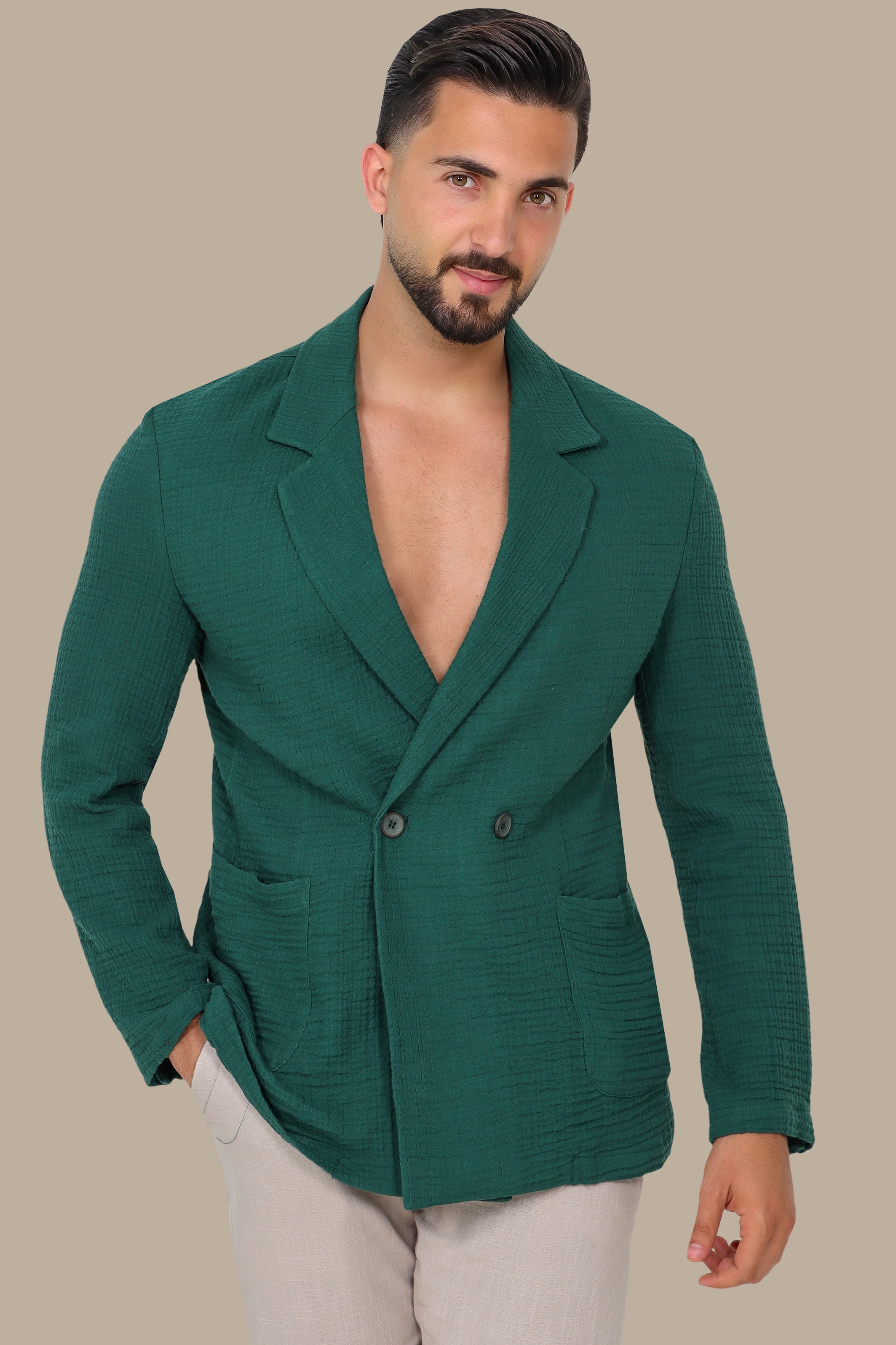 Green Linen Double-Breasted Blazer with Notch Lapel