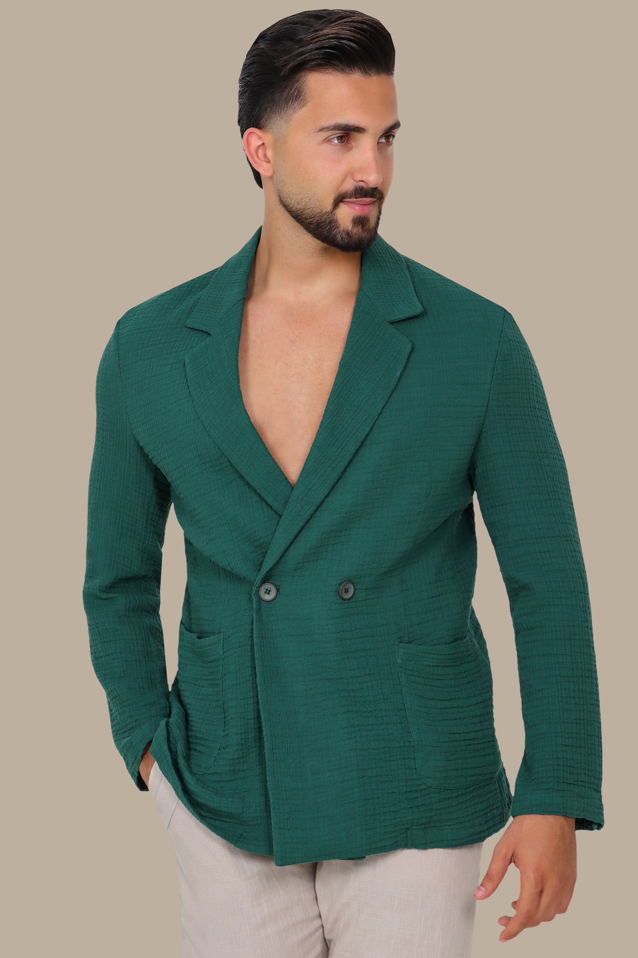 Green Linen Double-Breasted Blazer with Notch Lapel
