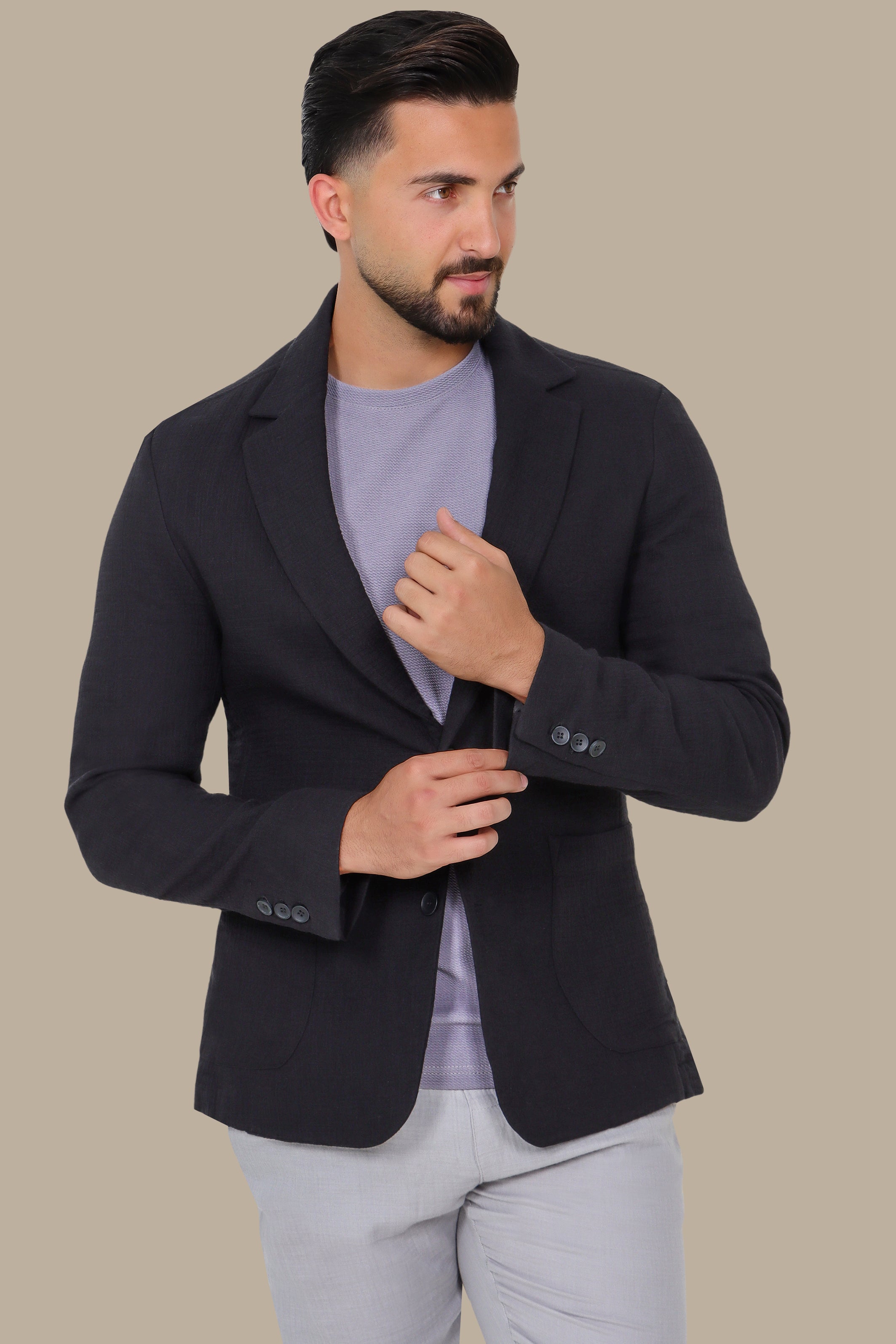 Black Linen Blazer with Notch Lapel
