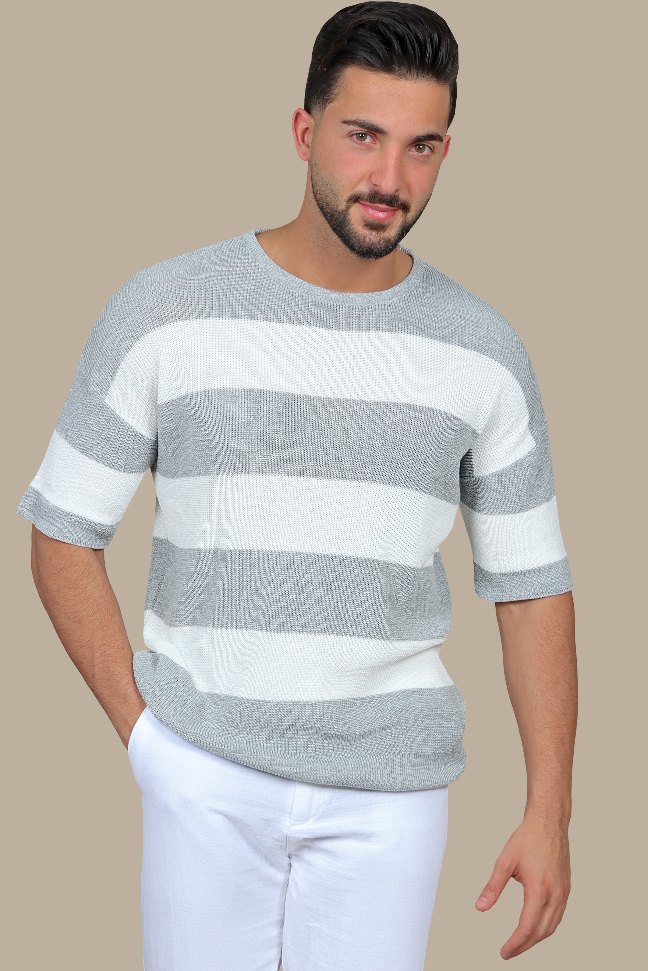 Grey Wide Striped Oversized T-Shirt with 3/4 Sleeves