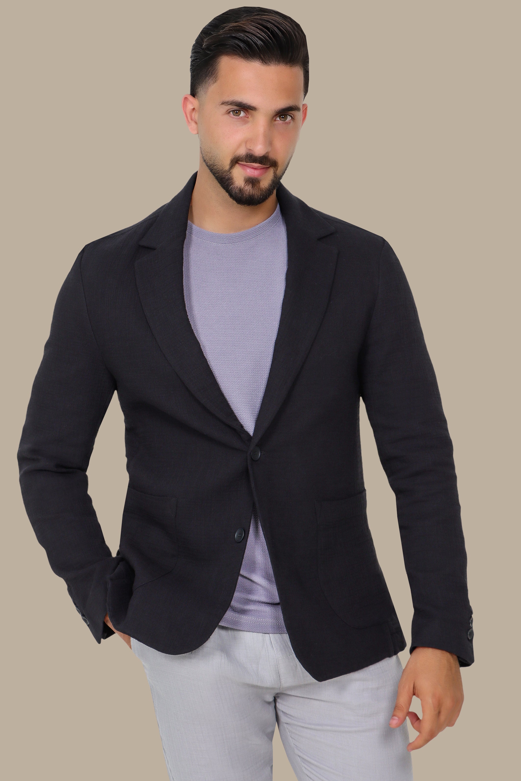 Black Linen Blazer with Notch Lapel