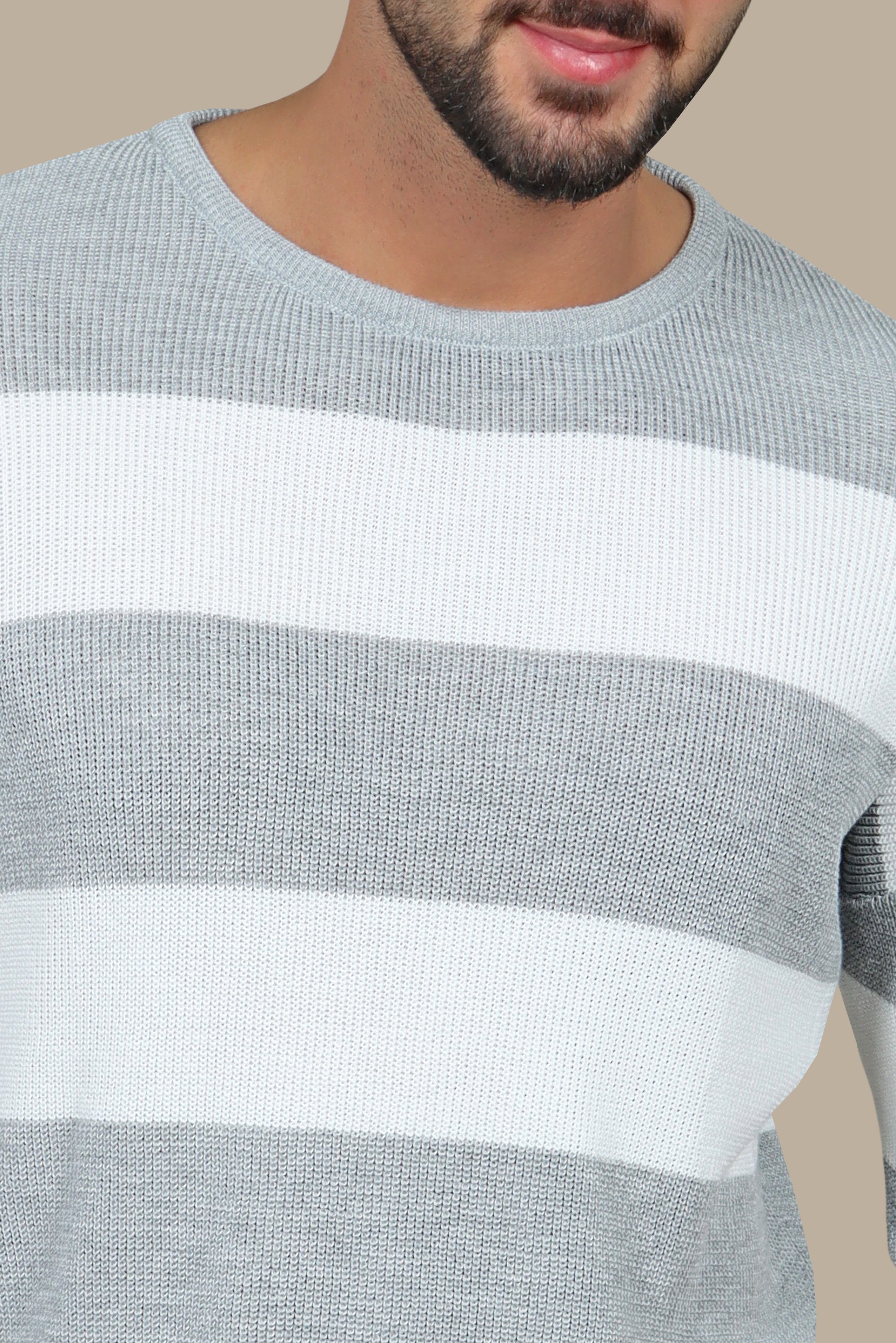 Grey Wide Striped Oversized T-Shirt with 3/4 Sleeves