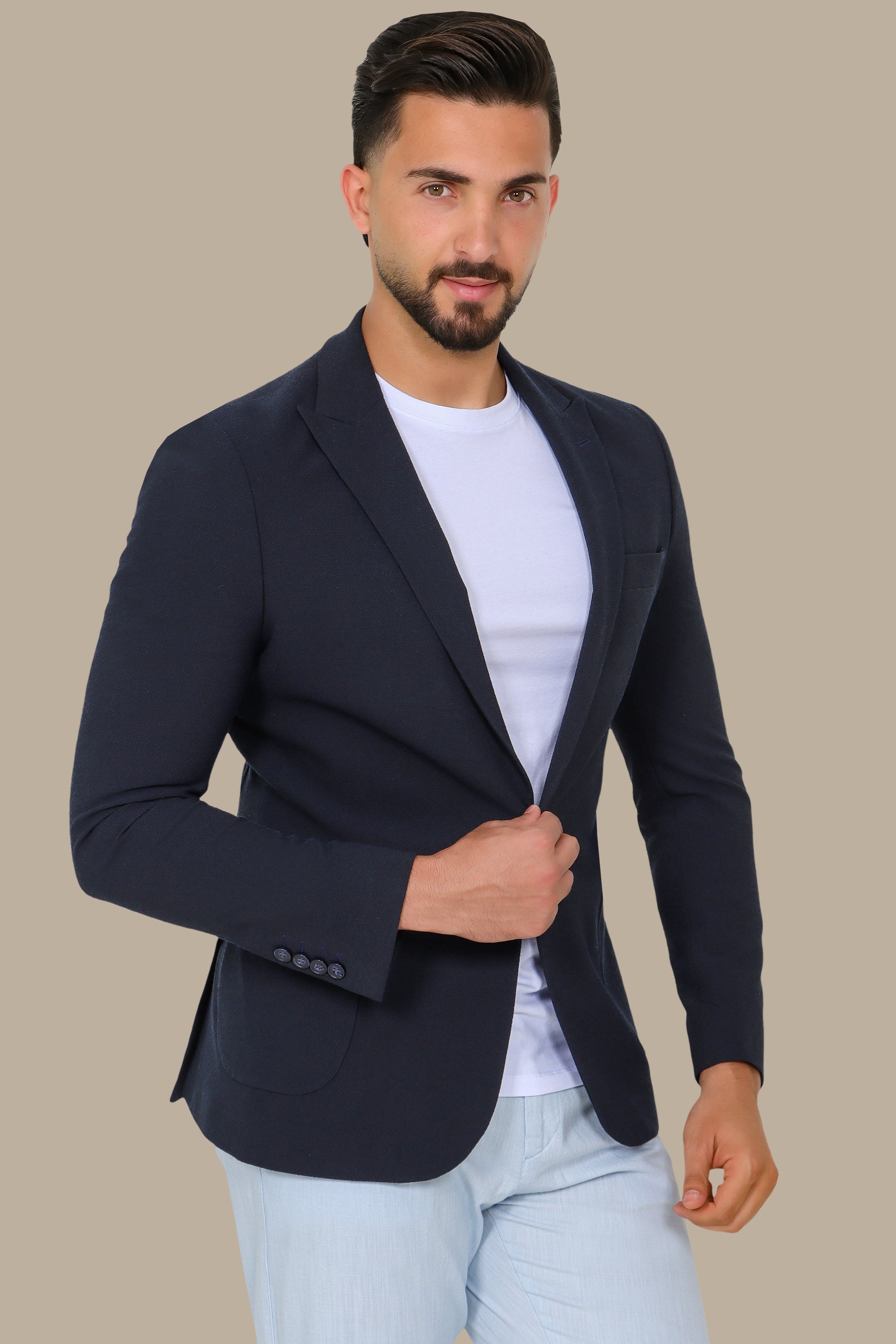 Navy Blazer Piquet with Peak Lapel
